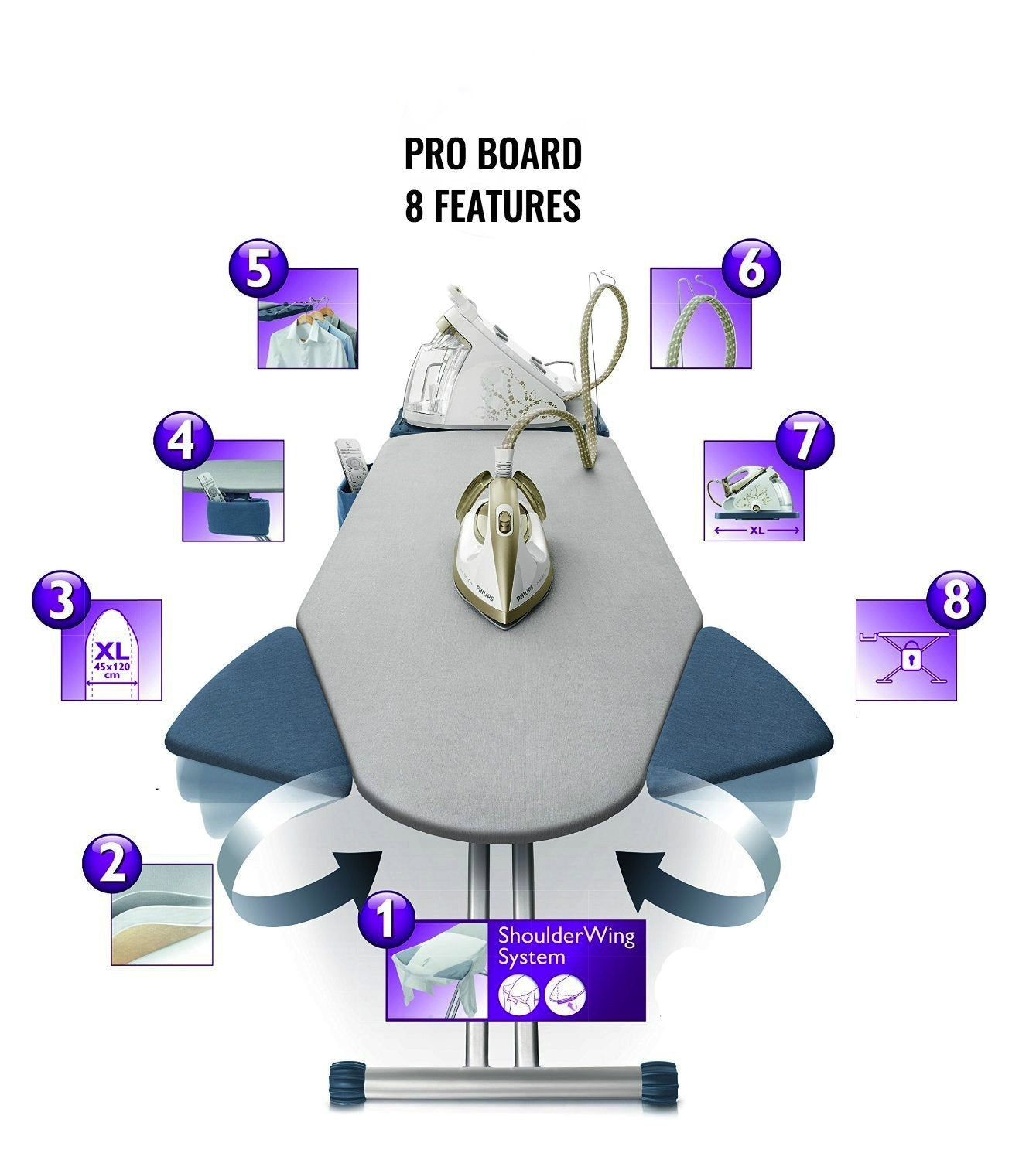 Mabel Home Ironing Board with Extra-Wide Surface, 8 Features, Retractable Shoulder Wings, Adjustable Height, 100% Cotton Cover