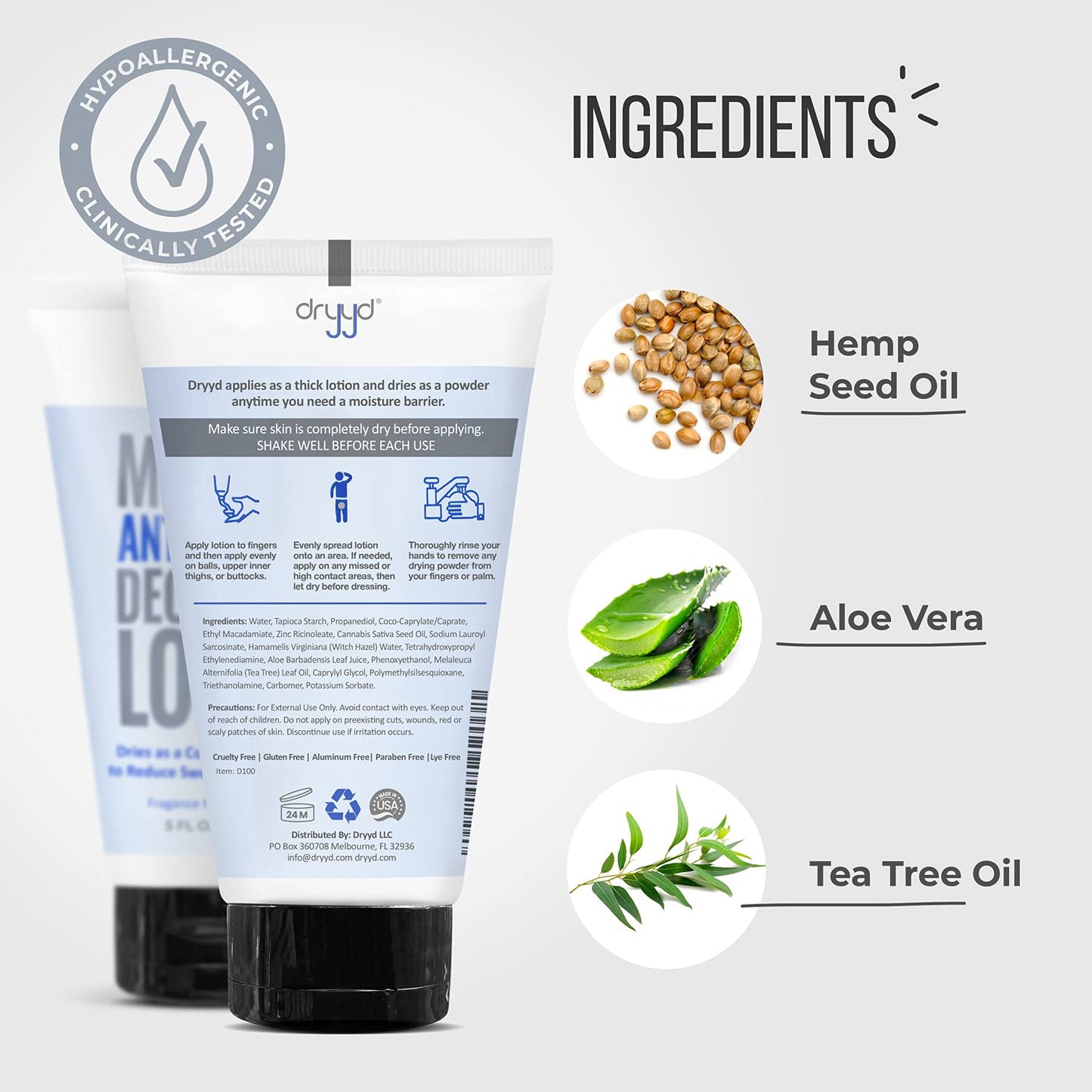 DRYYD Ball Deodorant For Men, 5oz Tube, Aluminum Free Chafing Balls Powder Lotion, No Talcum Powder, Hemp Seed Oil, Reduce Odor & Sweaty Groin Itch Cream, Fresh Ball & Butt, Unscented, Gift for Men