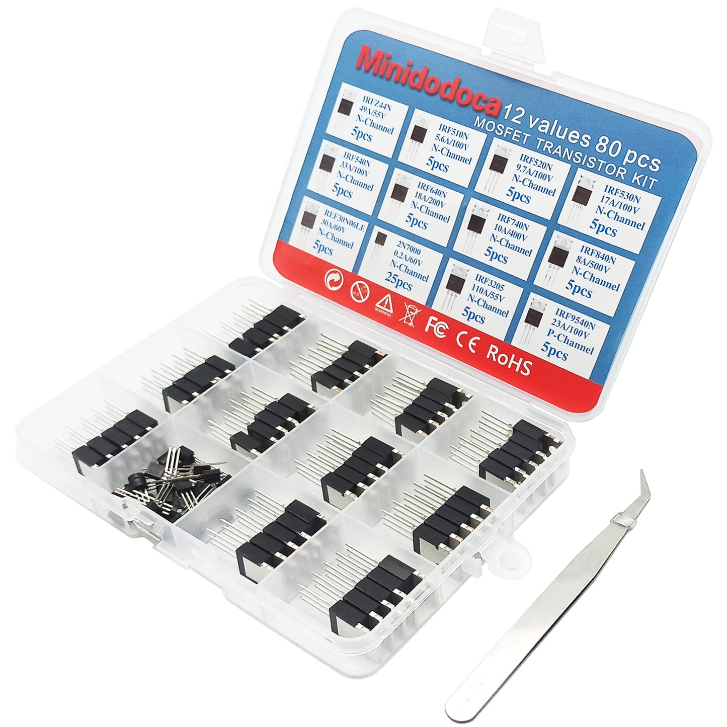 Minidodoca 12 Values 80 Pcs MOSFET Transistor Assortment Kit N&P Channel MOSFET IRFZ44N IRF510N IRF530N IRF530N IRF540N IRF640N IRF740 IRF840 RFP30N06LE 2N7000 IRF3205 IRF9540 Logic Level P&NMOS Kit