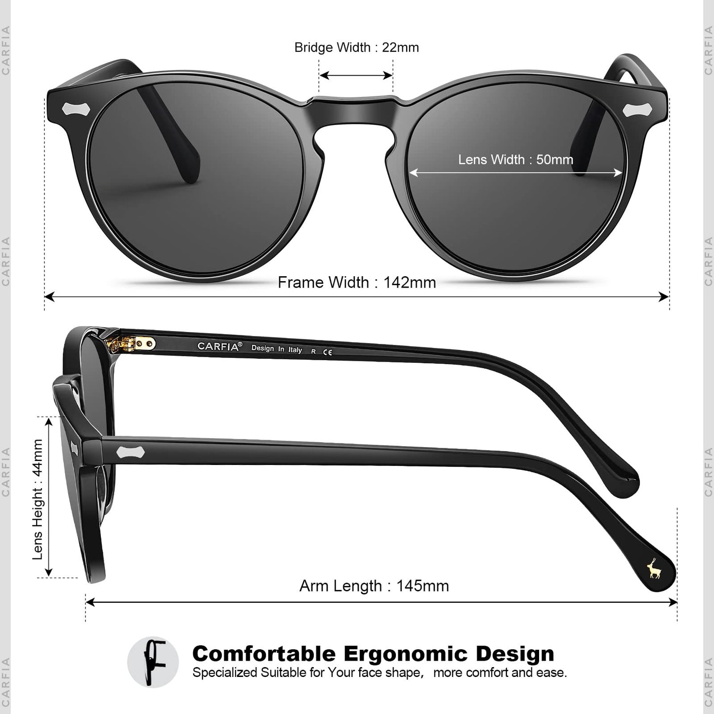 CARFIA Vintage Polarized Sunglasses for Men UV400 Protection Retro Fashion Eyewear Hand-crafted Acetate Frame CA5288L