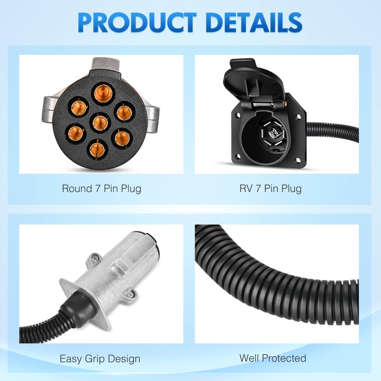 Nilight 7 Pin Round to 7 Way RV Blade Trailer Adapter Connector Wiring Harness Electric Adapter Plug Connector for Semi Truck Commercial Vehicle Pickup Tractor