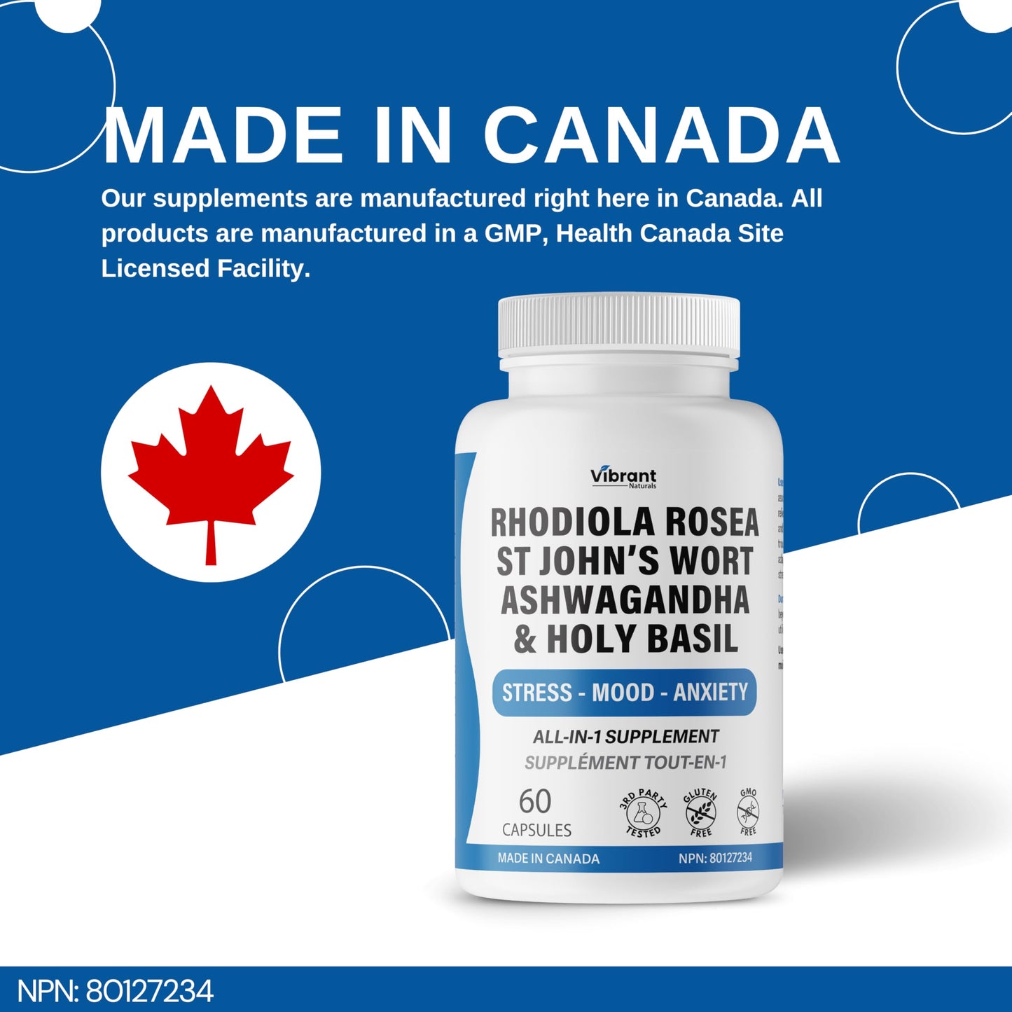 Rhodiola Rosea, St John’s Wort, Ashwagandha - Stress & Anxiety Relief Supplement With Holy Basil, Mood Support, Stress Relief Supplement, 3rd Party Tested, Made In Canada, 60 Capsules