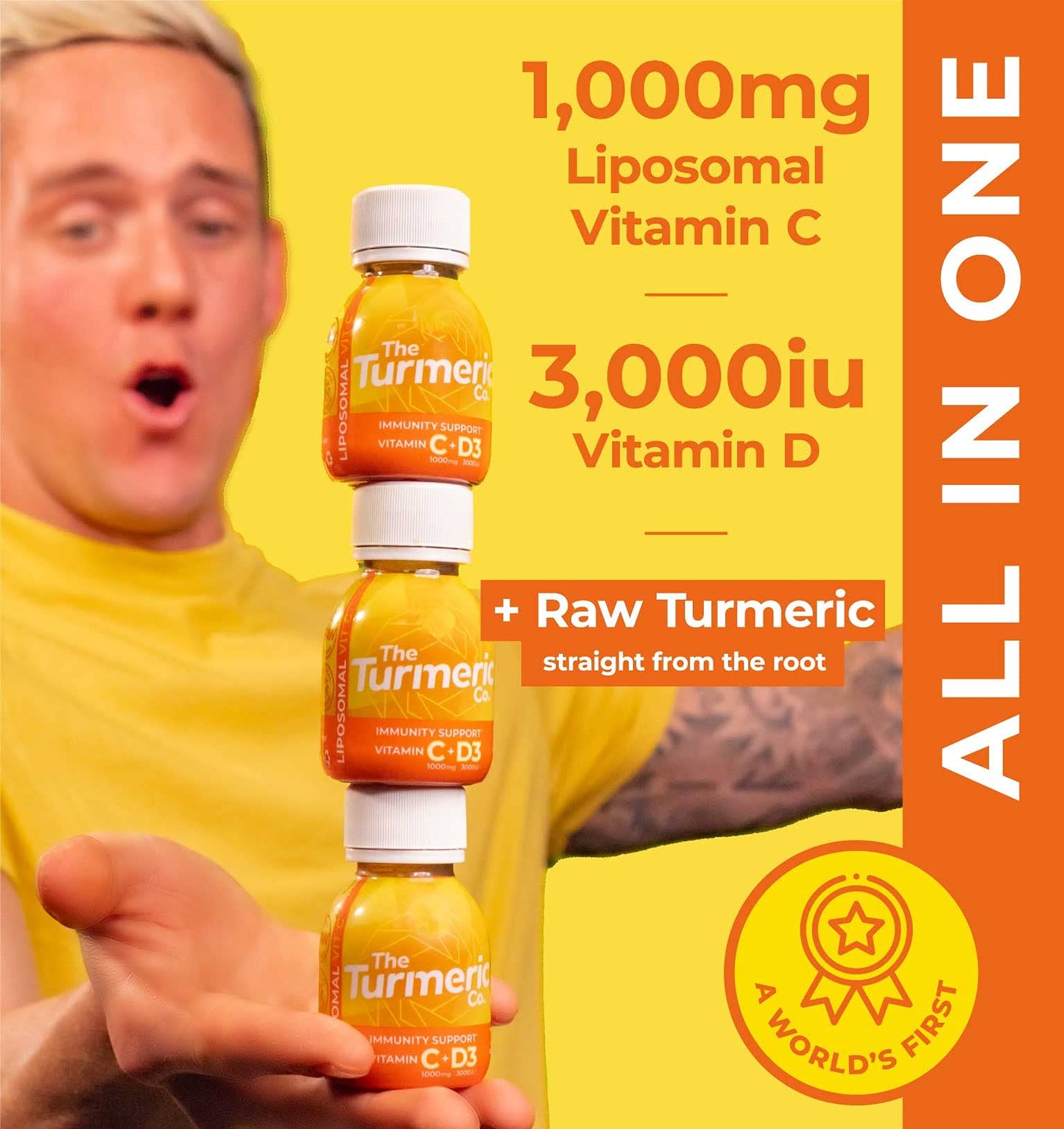 The Turmeric Co Vitamin C Turmeric Drink - 28 Shots - 1000mg VIT C per Shot, Vitamin D3 3000 IU & Raw Turmeric, Health Energy Shots, Immune System Booster,100% Natural Fresh Ingredients