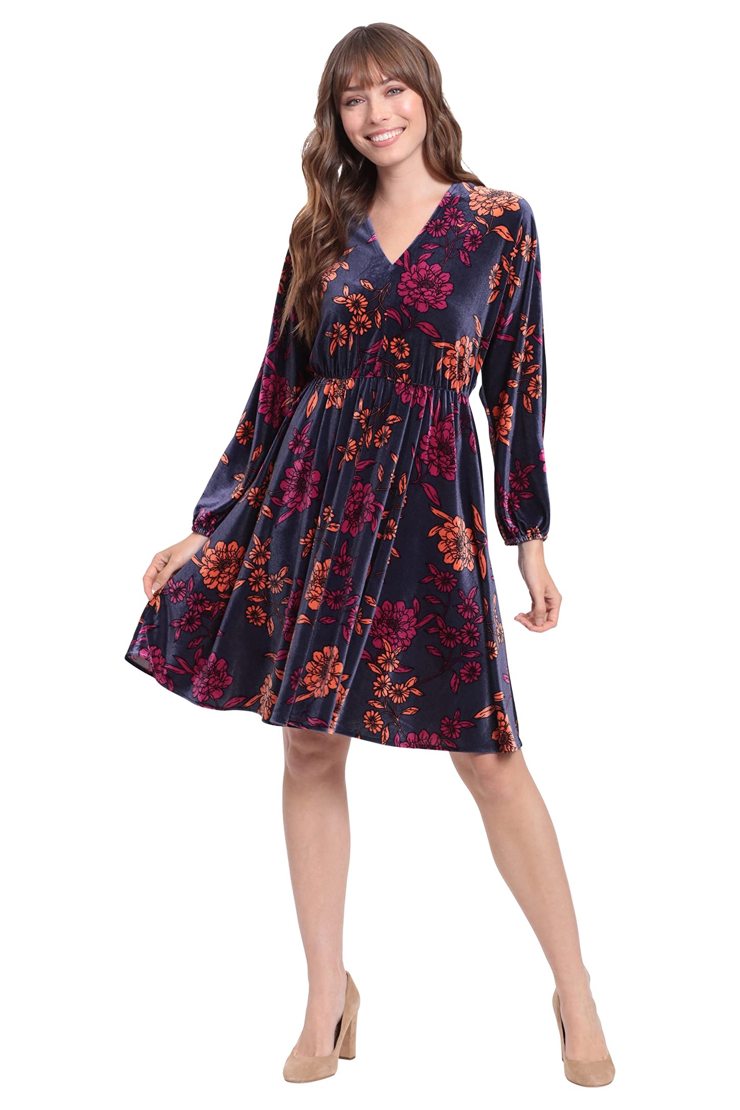 London Times Women's Long Sleeve V-Neck Dress, Navy/Burnt Ochre, X-Large