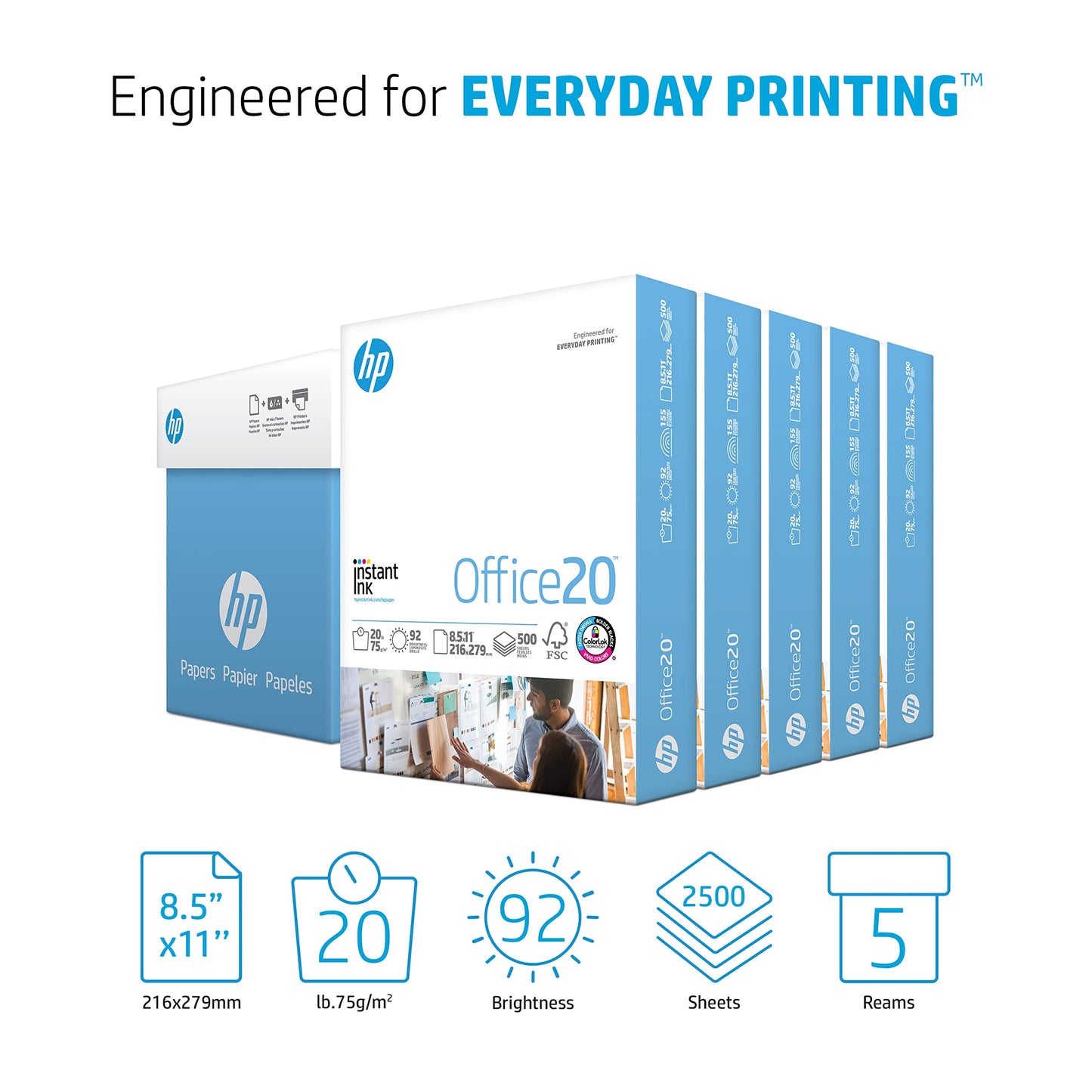 HP Paper Printer Paper 8.5x11 Office 20 lb 5 Ream Case 2500 Sheets 92 Bright Made in USA FSC Certified Copy Paper HP Compatible 112150C