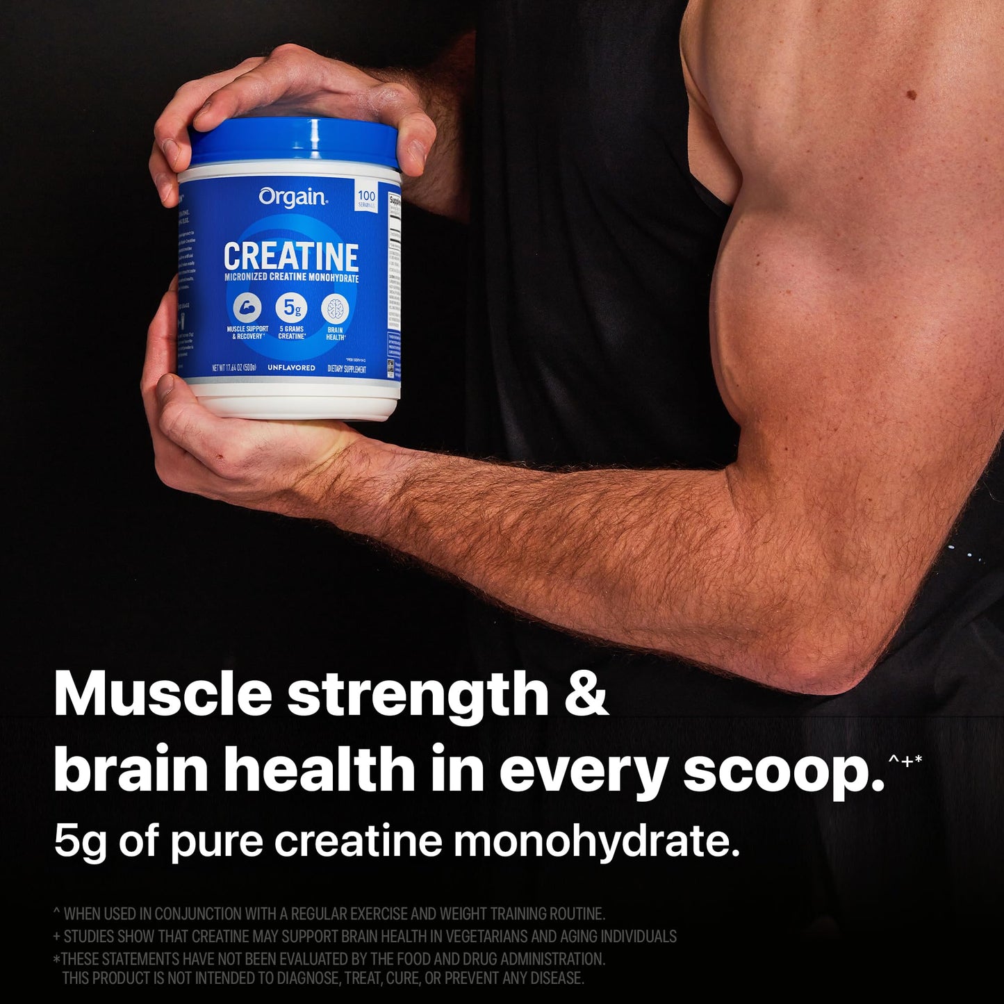 Orgain Creatine Monohydrate Micronized Powder, Unflavored, Supports Muscle Growth, Post Workout Recovery and Brain Health, No Artificial Additives, for Men & Women, 100 Servings
