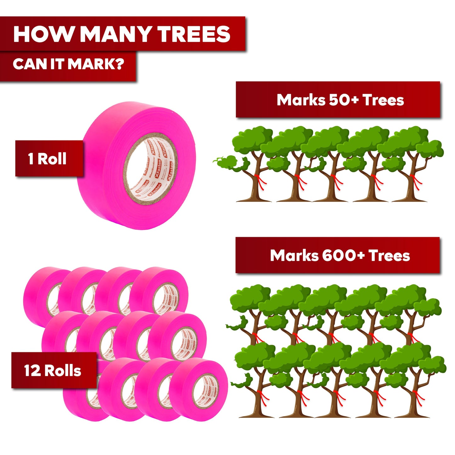 XFasten Pink Flagging Tape 12-Pack, 1-Inch x 1800 Feet Total Pink Marking Tape Ribbon, High Visibility Non-Fading Trail Marking Ribbon for Surveying, Trees, Construction Safety Caution - 150ft/roll