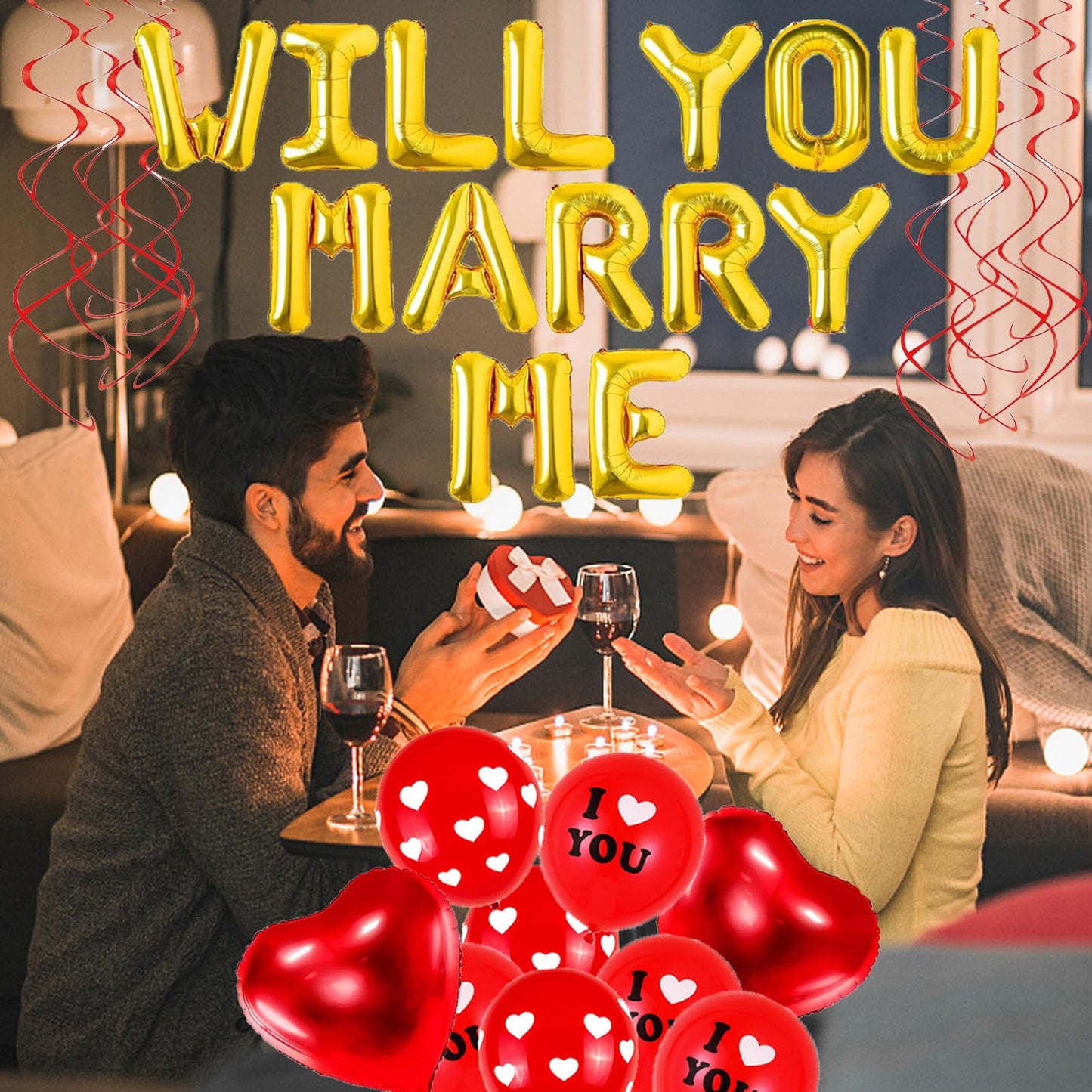 138 Pcs Will You Marry Me Decorations, Gold and Red I Love You Party Supplies, Swirls Foil Balloons Red Heart Balloons Rose Petals for Romantic Engagement Valentines Anniversary Decorations