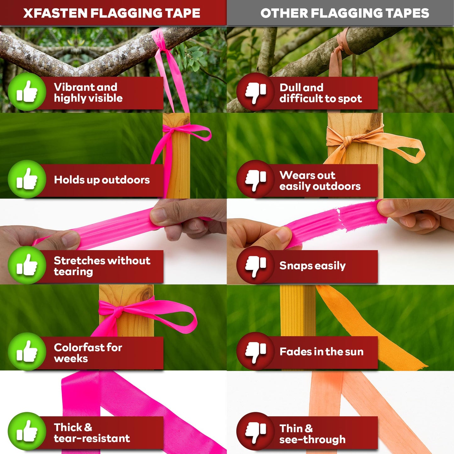 XFasten Pink Flagging Tape 12-Pack, 1-Inch x 1800 Feet Total Pink Marking Tape Ribbon, High Visibility Non-Fading Trail Marking Ribbon for Surveying, Trees, Construction Safety Caution - 150ft/roll