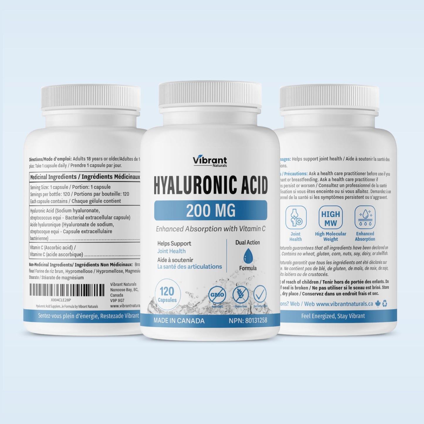 Vibrant Naturals Hyaluronic Acid Supplement 200mg - 120 Capsules, with Vitamin C 100mg, Joint & Skin Health, Non-GMO Fermentation, Gluten Free, Third Party Tested, Bioavailable Formula