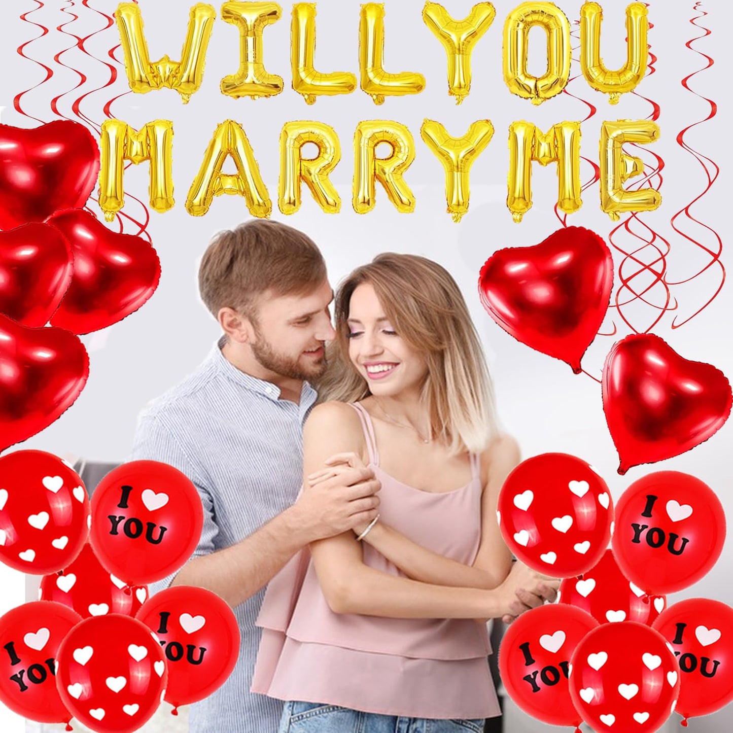 138 Pcs Will You Marry Me Decorations, Gold and Red I Love You Party Supplies, Swirls Foil Balloons Red Heart Balloons Rose Petals for Romantic Engagement Valentines Anniversary Decorations