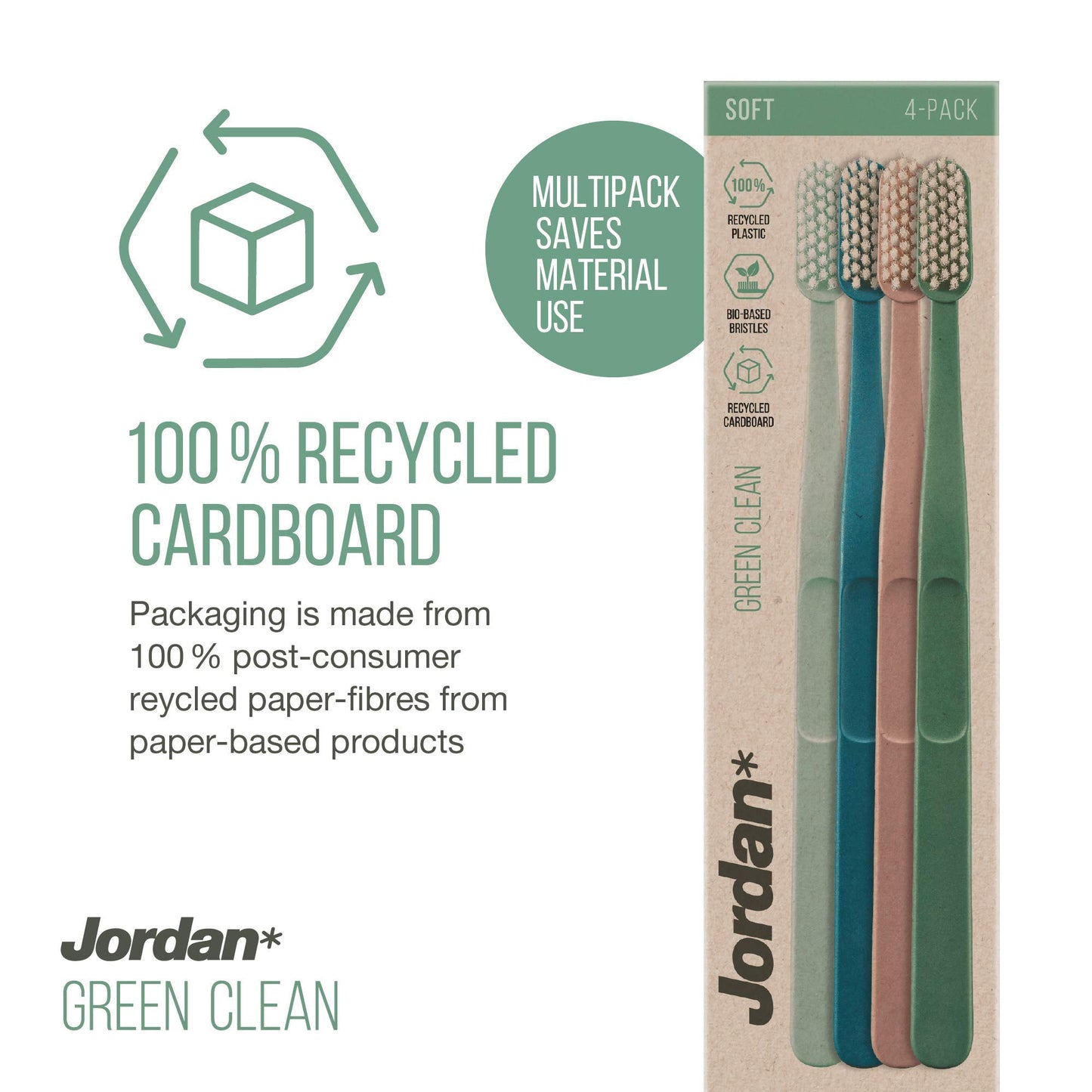 Jordan Green Clean Manual Toothbrush - Sustainable, Scandinavian Design, Soft Bristles, Mixed Colors, 4 Units