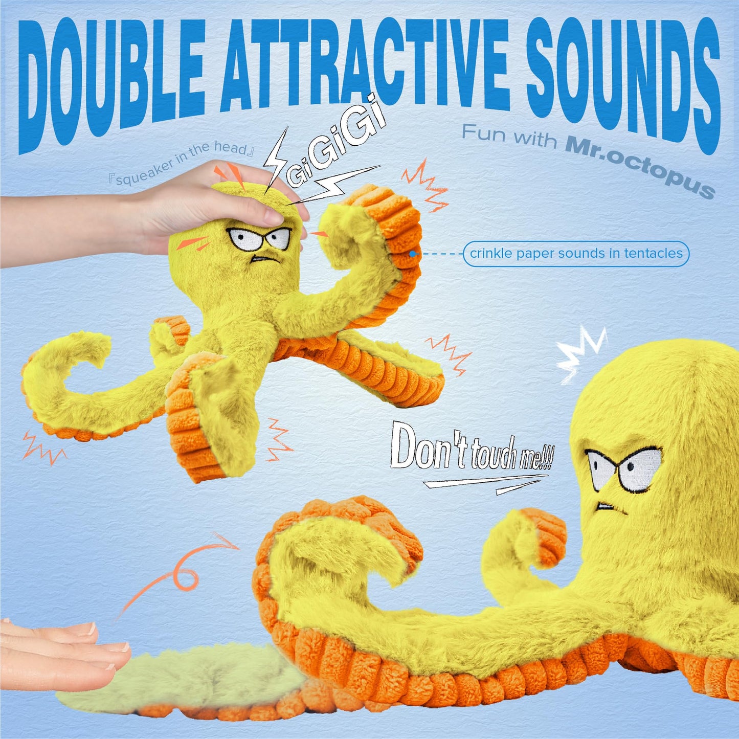LEGEND SANDY Tough Dog Toys, Stuffed Chew Large Dog Toys to Keep Them Busy, Interactive Squeaky Tug of War Doggie Toy, Crinkle Yellow Octopus