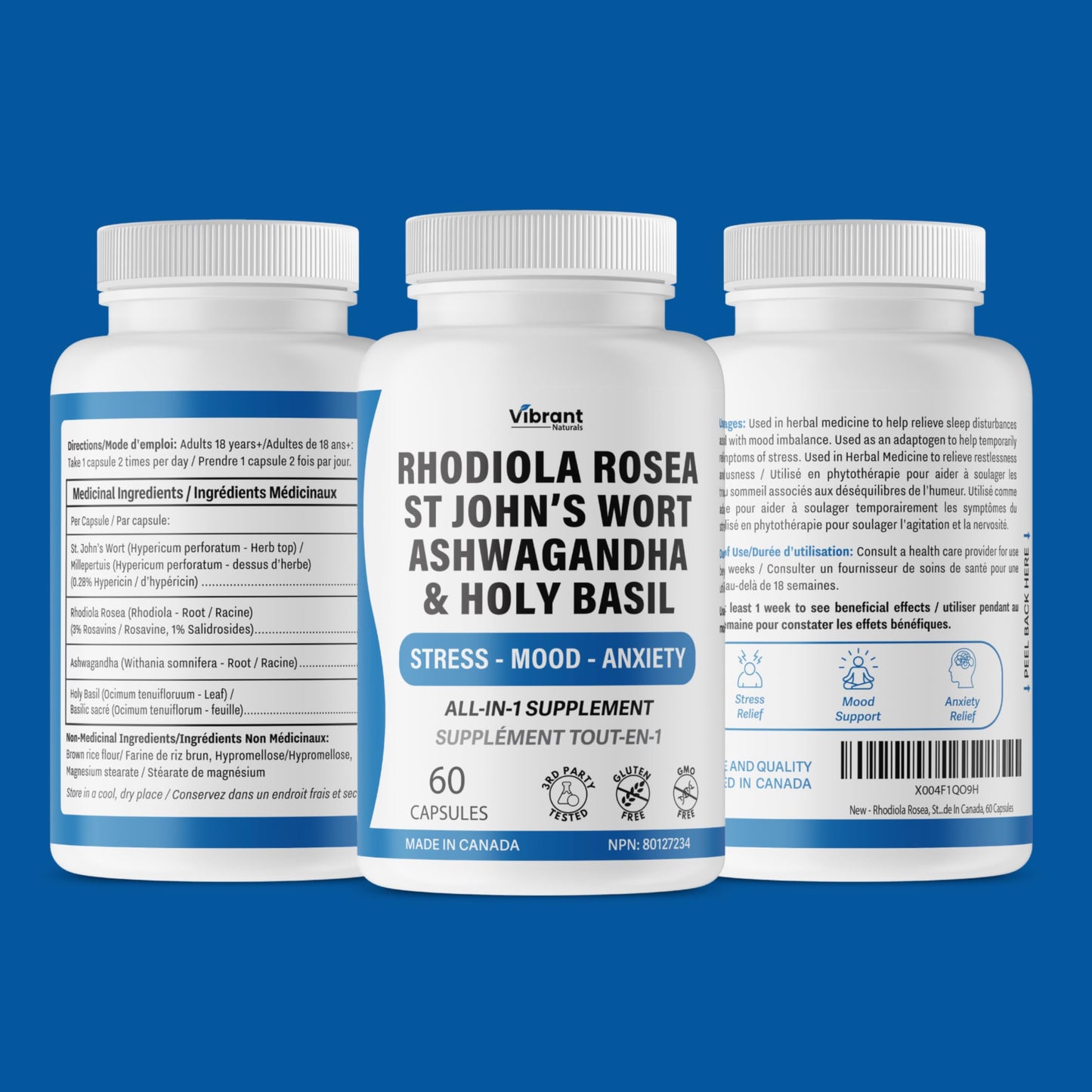 Rhodiola Rosea, St John’s Wort, Ashwagandha - Stress & Anxiety Relief Supplement With Holy Basil, Mood Support, Stress Relief Supplement, 3rd Party Tested, Made In Canada, 60 Capsules