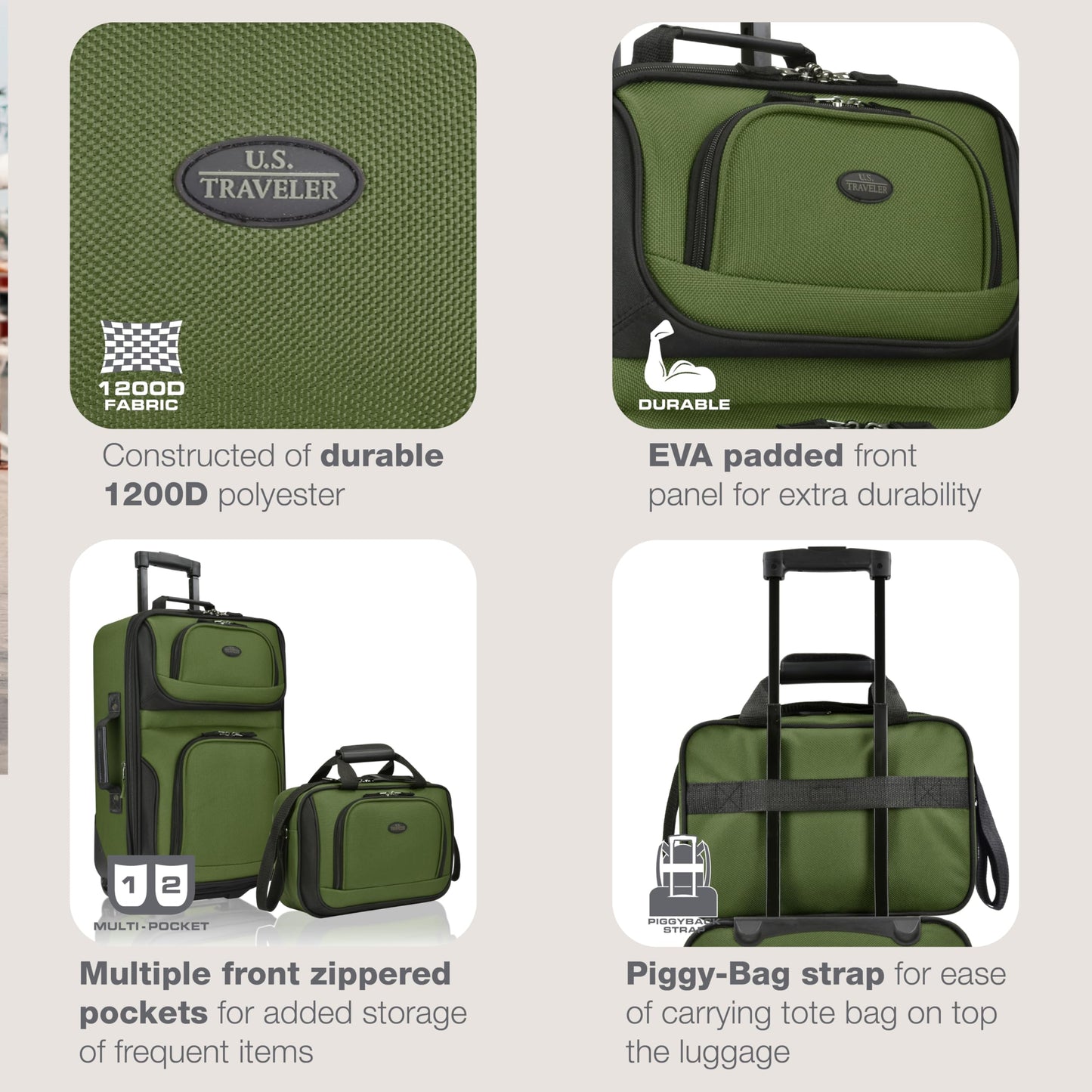 U.S. Traveler Rio Softside Expandable Carry-on Rolling Luggage, Green, 2 Wheel Set