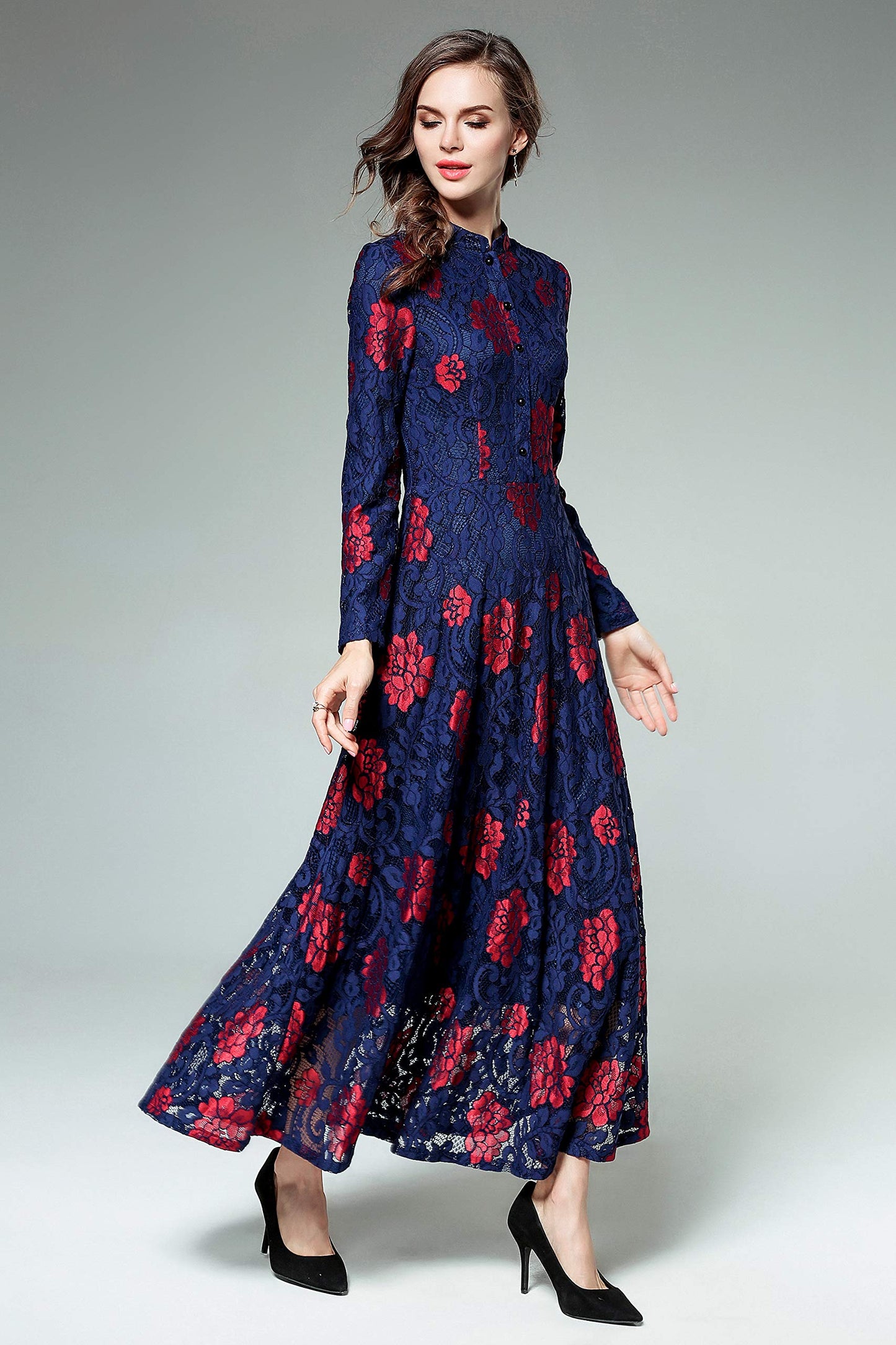 LAI MENG FIVE CATS Women's Flowy Lace Floral Hollow Out Short Sleeve Dress with Belt Navy Red