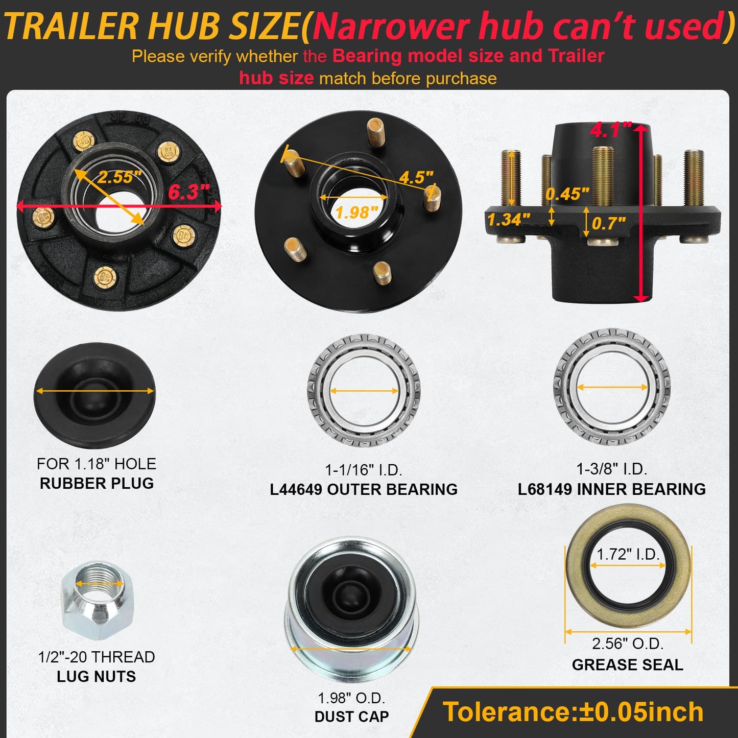 2 Sets 3500lb Trailer Axle Trailer Hub Kit 5 Bolt 4.5",5×4.5 Trailer Hub fit 1-1/16" to 1-3/8" Tapered Trailer Spindle,Trailer Hub Assembly,Boat Trailer Hubs 5 Lug (Not Fit for Straight Spindle)