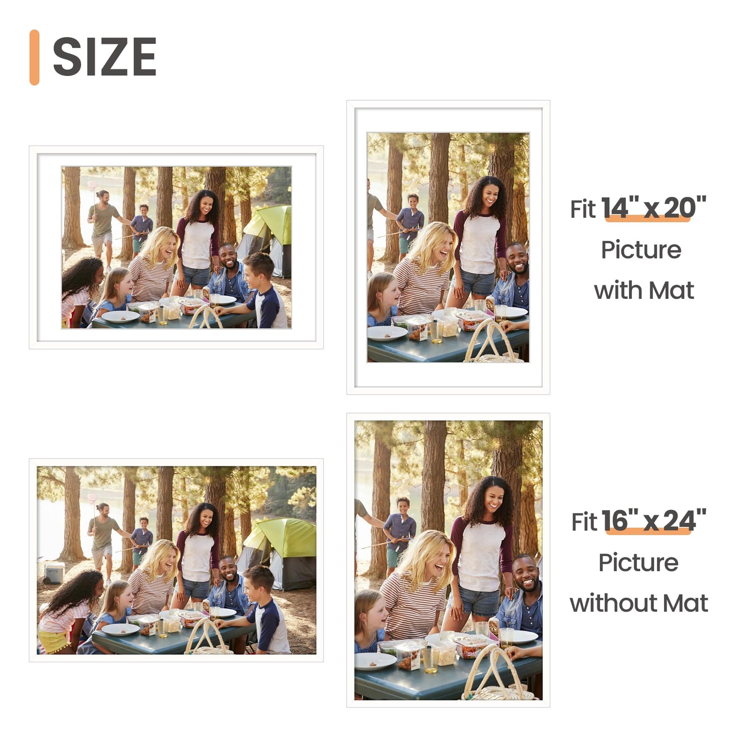 upsimples 16x24 Picture Frame, Display Pictures 14x20 with Mat or 16 x 24 Without, Wall Hanging Poster Frames, White, 1 Pack
