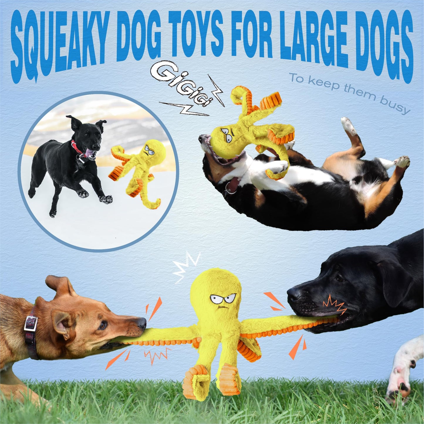 LEGEND SANDY Tough Dog Toys, Stuffed Chew Large Dog Toys to Keep Them Busy, Interactive Squeaky Tug of War Doggie Toy, Crinkle Yellow Octopus