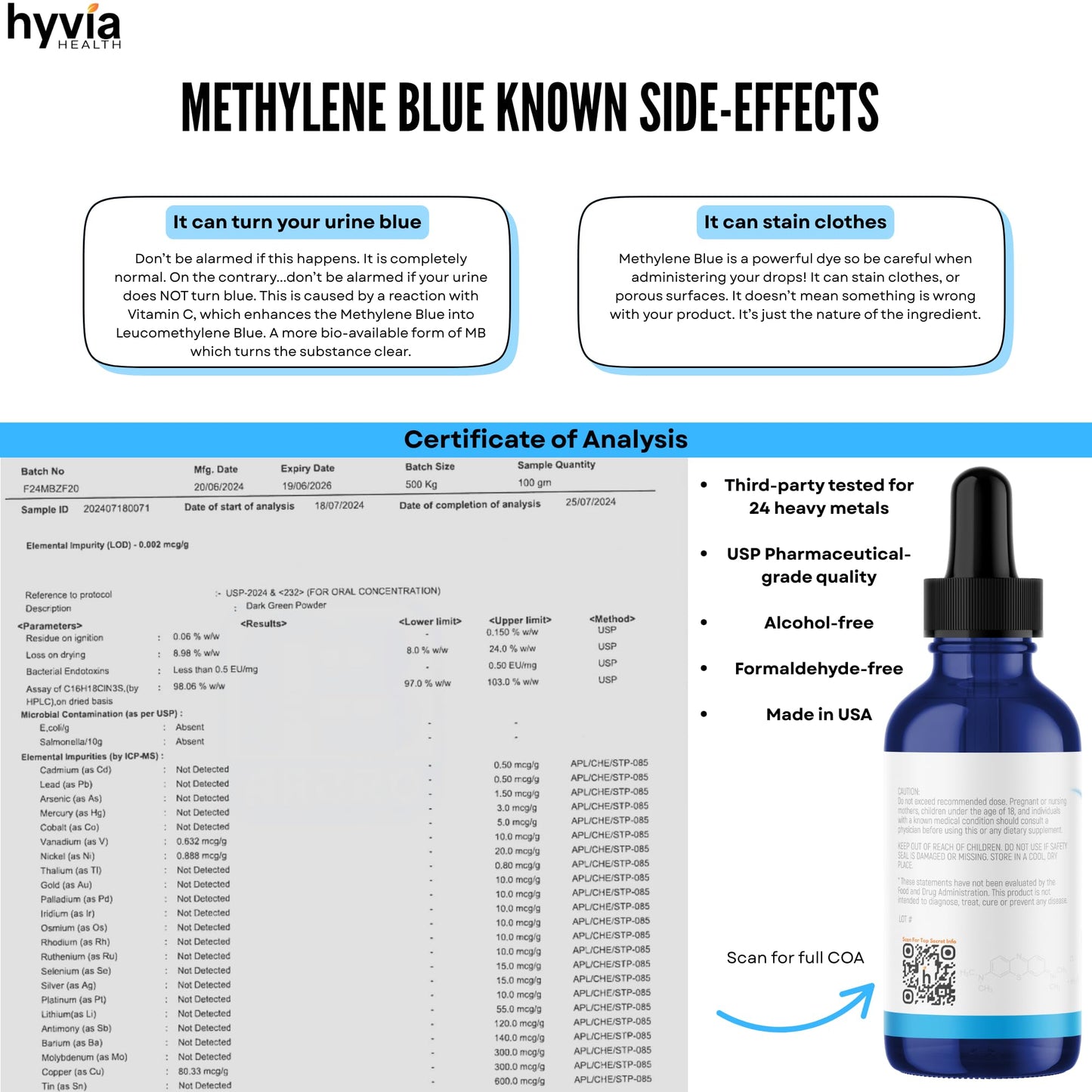 Methylene Blue 1% Value Size USP Pharmaceutical Grade For Humans - 99.99% Purity - Third-Party Tested, ISO-Certified, Formaldehyde & Alcohol Free Liquid Drops - 4fl oz (118mL) with Dropper