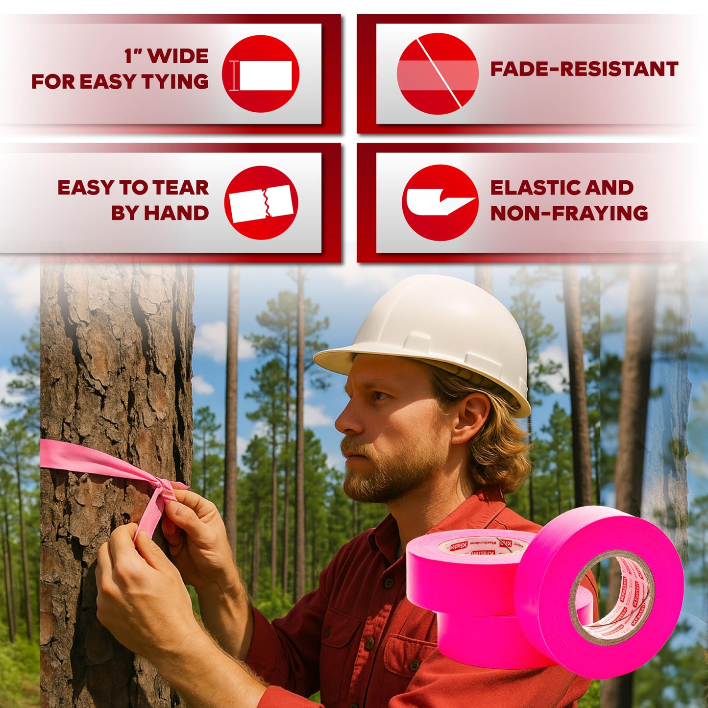 XFasten Pink Flagging Tape 12-Pack, 1-Inch x 1800 Feet Total Pink Marking Tape Ribbon, High Visibility Non-Fading Trail Marking Ribbon for Surveying, Trees, Construction Safety Caution - 150ft/roll