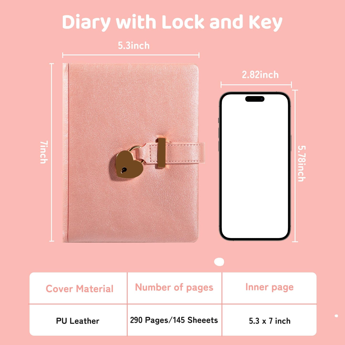 CAGIE Diary with Lock for Girls with Pen Heart Shaped Lock Diary with 2 Keys Golden Edge Lock Journal for Girls Women 290 Pages Journal with Lock for Writing, Travel, 5.3 x 7.1 inches, Pure Pink