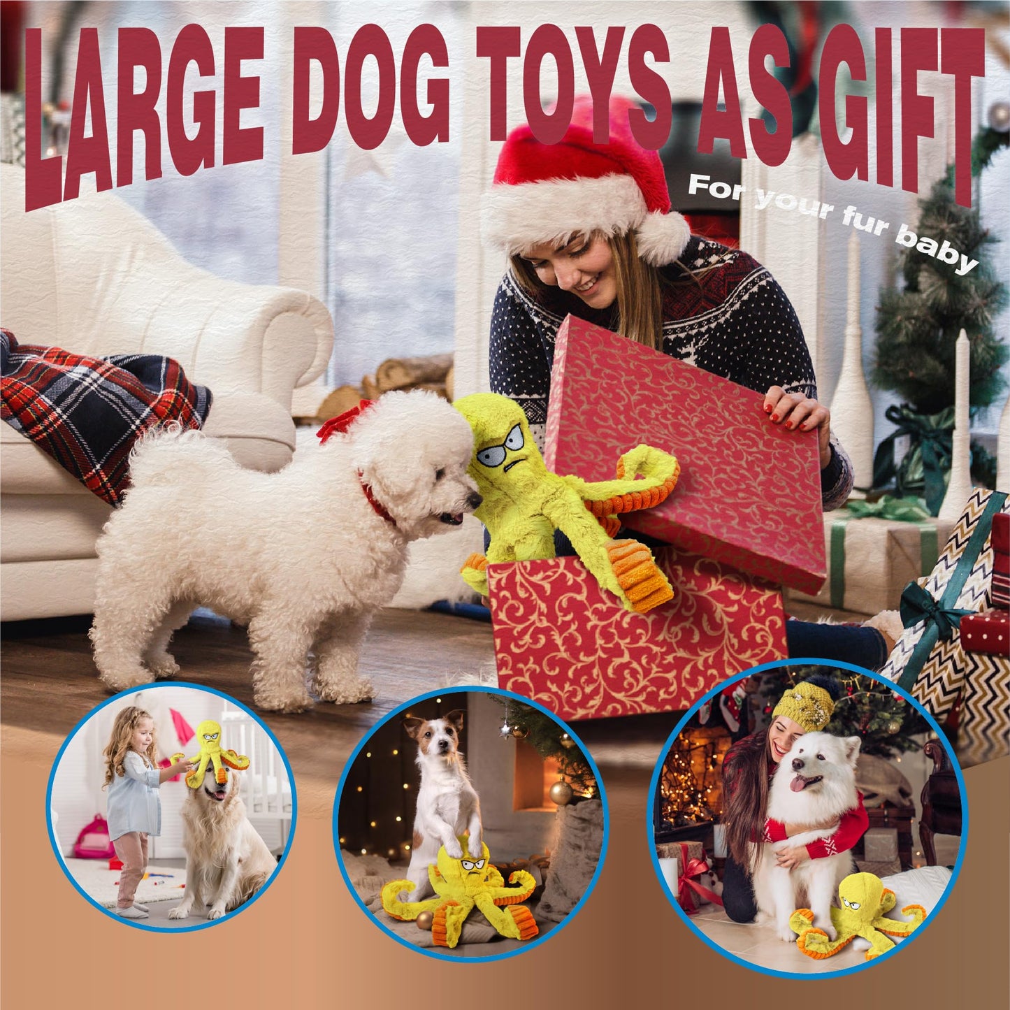 LEGEND SANDY Tough Dog Toys, Stuffed Chew Large Dog Toys to Keep Them Busy, Interactive Squeaky Tug of War Doggie Toy, Crinkle Yellow Octopus