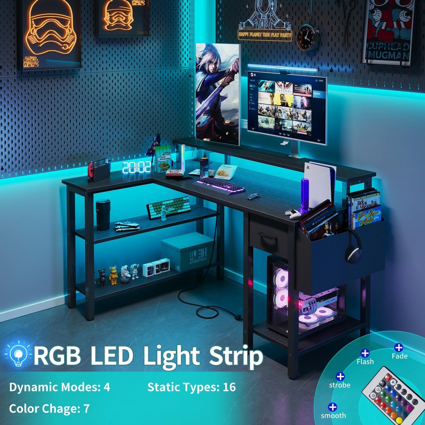 Lufeiya L Shaped Gaming Desk with Fabric Drawers and Storage Shelves, 47 inch Home Office Desk with Monitor Stand, Computer Desk with LED Lights and Power Outlets, Black