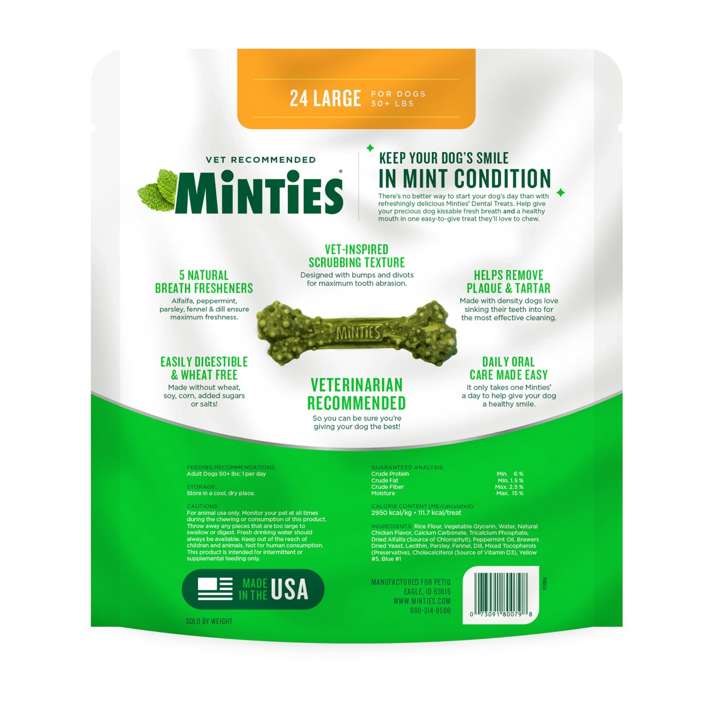 Minties Dental Chews for Dogs, 24 Count, Vet-Recommended Mint-Flavored Treats for Large Dogs Over 50 lbs, Dental Bones Clean Teeth, Fight Bad Breath, and Removes Plaque and Tartar
