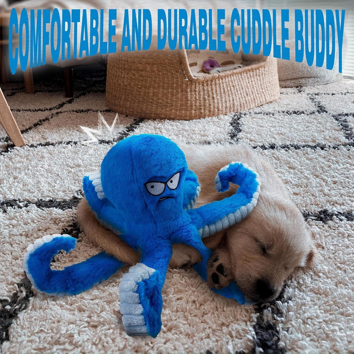LEGEND SANDY Tough Dog Toys, Stuffed Chew Large Dog Toys to Keep Them Busy, Interactive Squeaky Tug of War Doggie Toy, Crinkle Blue Octopus (Blue Octopus 2p)