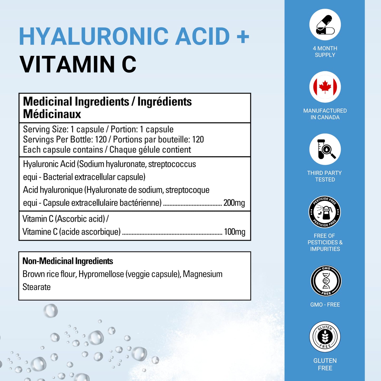 Vibrant Naturals Hyaluronic Acid Supplement 200mg - 120 Capsules, with Vitamin C 100mg, Joint & Skin Health, Non-GMO Fermentation, Gluten Free, Third Party Tested, Bioavailable Formula