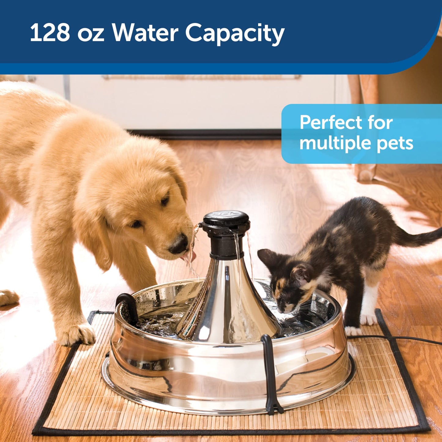 PetSafe Drinkwell Stainless Steel 360 Multiple Pet Fountain - Scratch and Rust Resistant Automatic Water Dispenser for Cats or Dogs - Adjustable Flow Control - 128 Ounce (3.8 Liter) - Filters Included