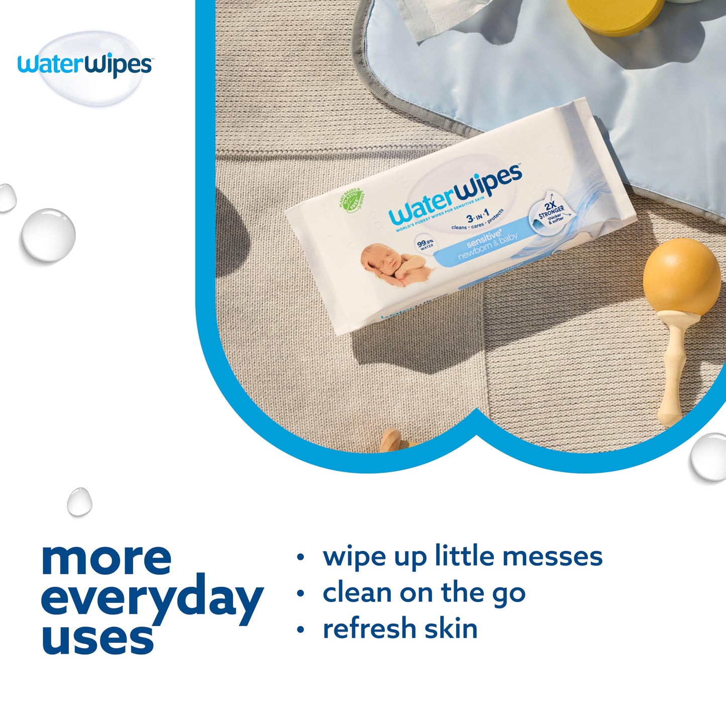 WaterWipes Original Baby Wipes, 99.9% Water, 3-In-1 Cleans, Cares, Protects, Unscented & Hypoallergenic, 1080 Count (18 Packs), Packaging May Vary
