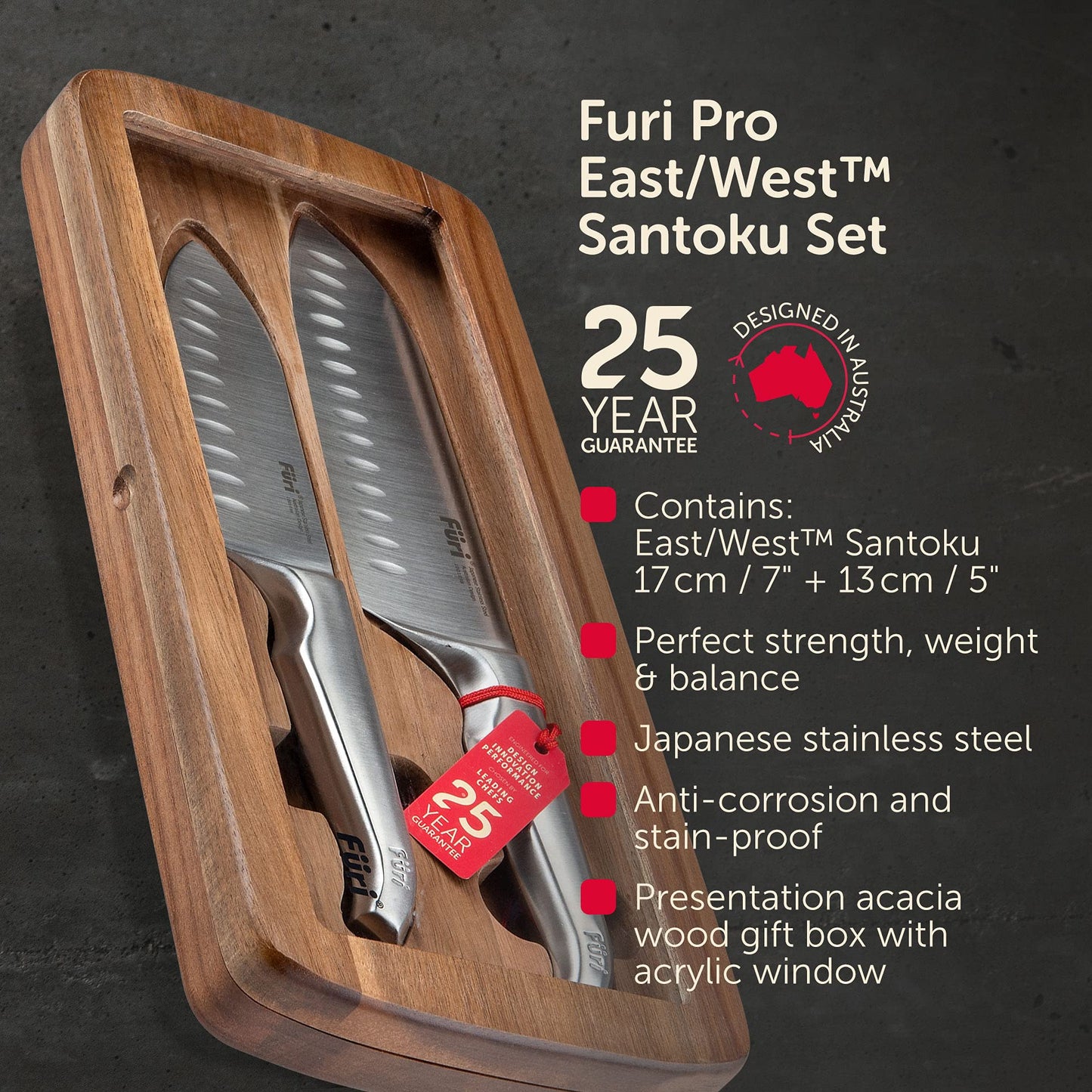 FURI Pro Santokumesser Set mit Geschenkbox, 3-tlg., Küchenmesser aus japanischem Edelstahl, hochwertige Box aus Akazienholz zur Aufbewahrung, Klingenlänge der Messer: 13 & 17 cm
