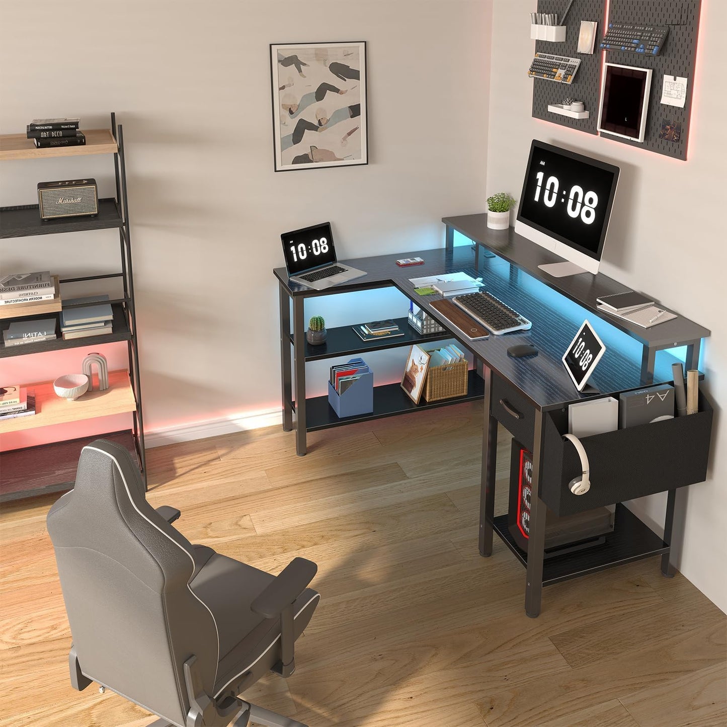 Lufeiya L Shaped Gaming Desk with Fabric Drawers and Storage Shelves, 47 inch Home Office Desk with Monitor Stand, Computer Desk with LED Lights and Power Outlets, Black