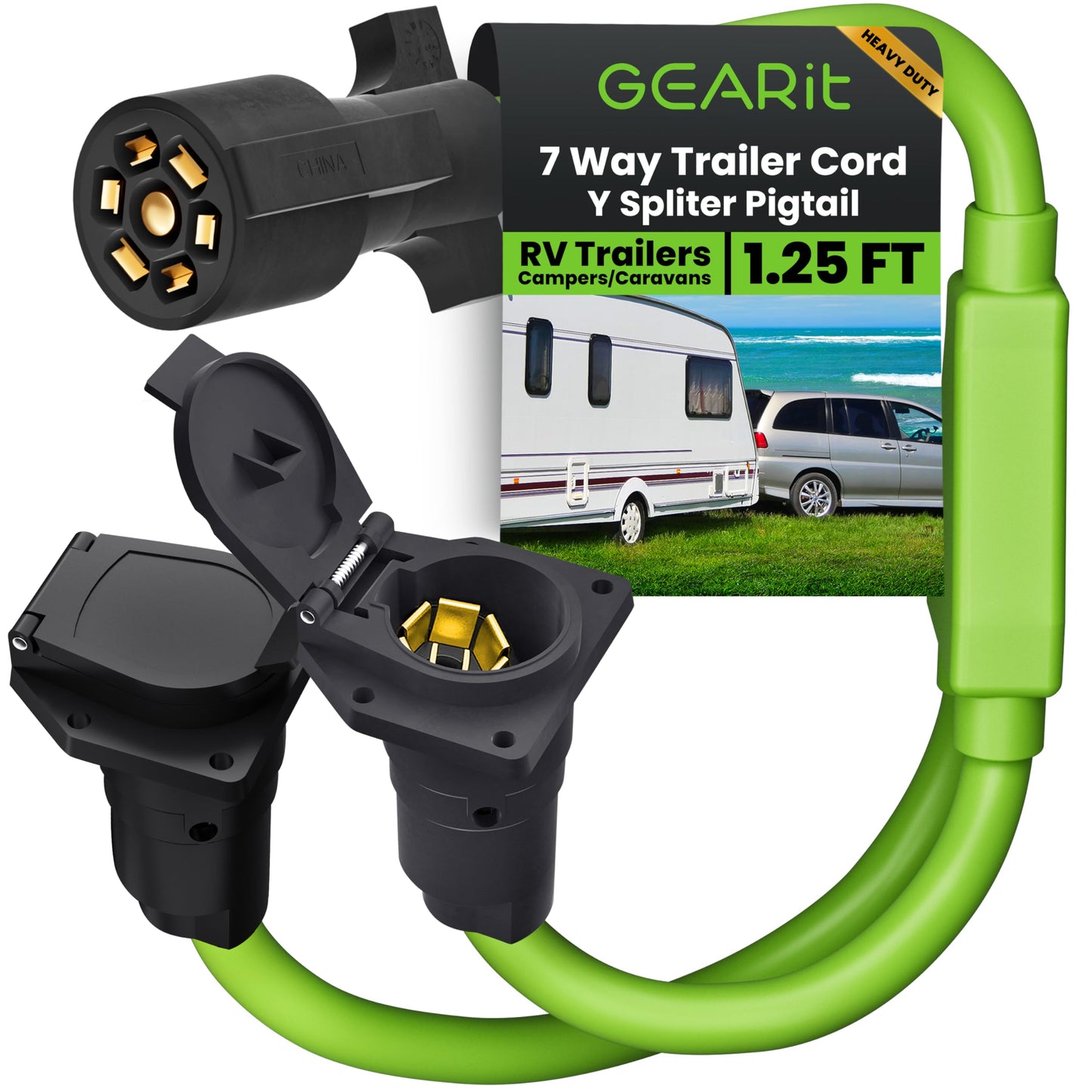 GEARit 7-Way Trailer Plug Y Splitter Pigtail (15 Inch) 7-Pin Trailer Plug Inline Cord Wire Harness Cable Double Prongs Connector for Gooseneck Hitch, Truck, Camper, RV - 1.25 Ft
