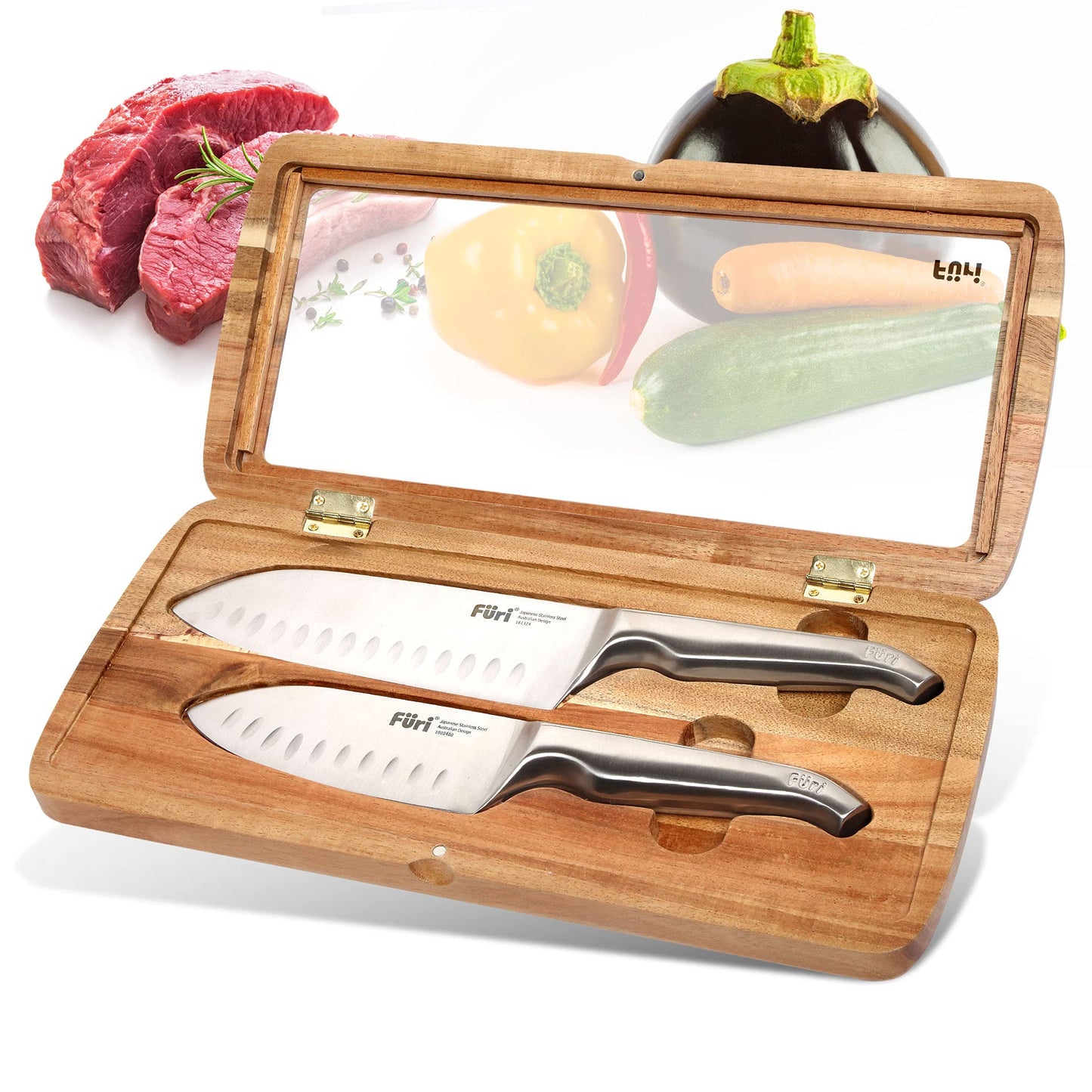 FURI Pro Santokumesser Set mit Geschenkbox, 3-tlg., Küchenmesser aus japanischem Edelstahl, hochwertige Box aus Akazienholz zur Aufbewahrung, Klingenlänge der Messer: 13 & 17 cm
