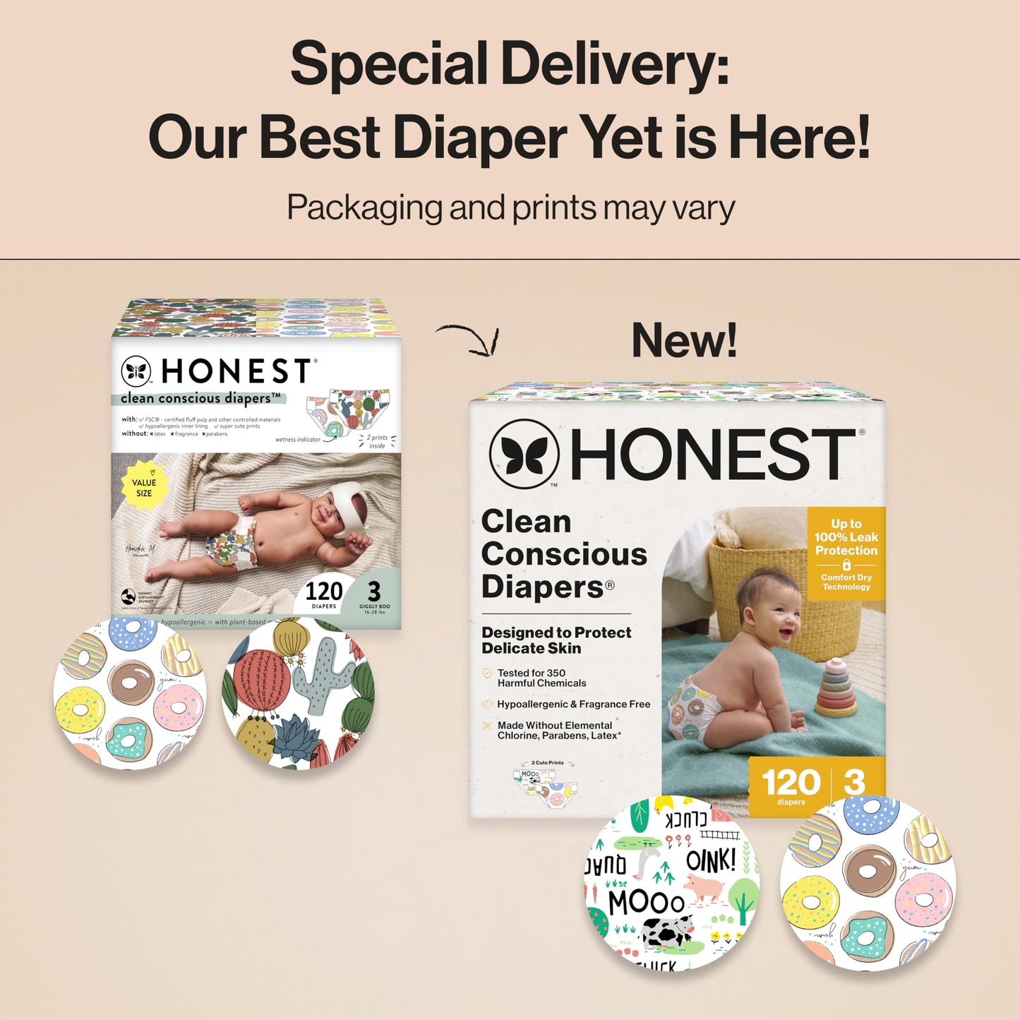 The Honest Company Clean Conscious Diapers for Delicate Skin | Up to 100% Leakproof | Hypoallergenic, Fragrance Free | Gender Neutral | Super Club Box, Size 3 (16-28 lbs), 120 Count (Prints May Vary)
