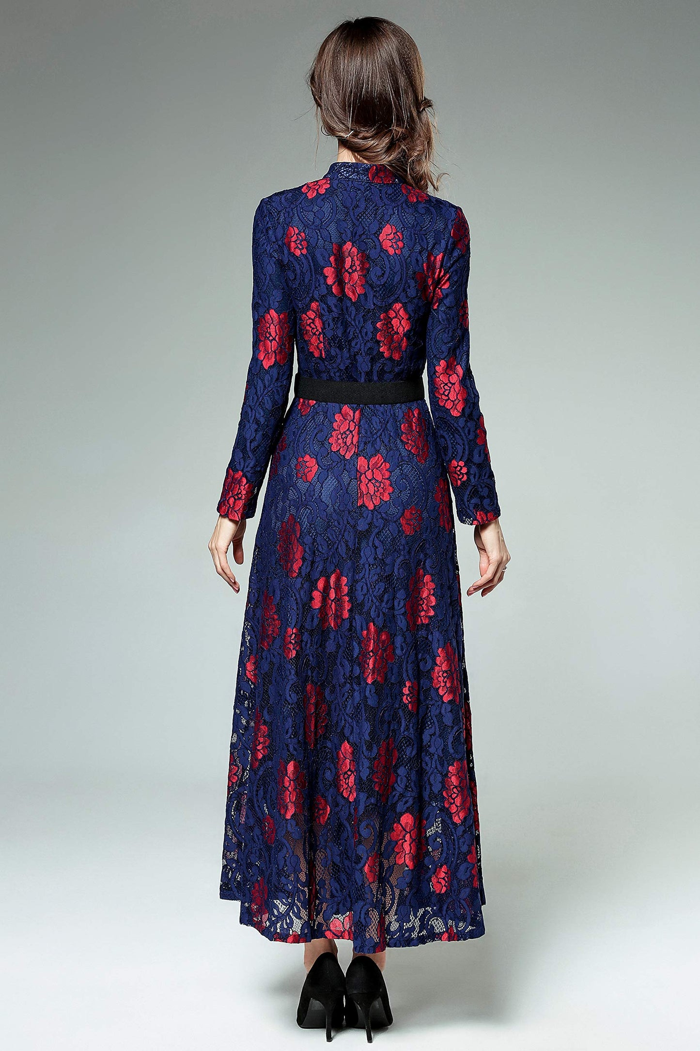 LAI MENG FIVE CATS Women's Flowy Lace Floral Hollow Out Short Sleeve Dress with Belt Navy Red