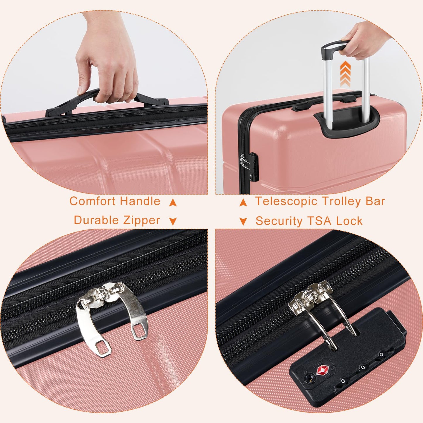 Sweetcrispy Carry on Luggage, Hard Shell ABS, Double Spinner Wheels Lightweight Suitcase TSA Lock, Light Pink, 3-PCS Set (20/24/28 Inch)