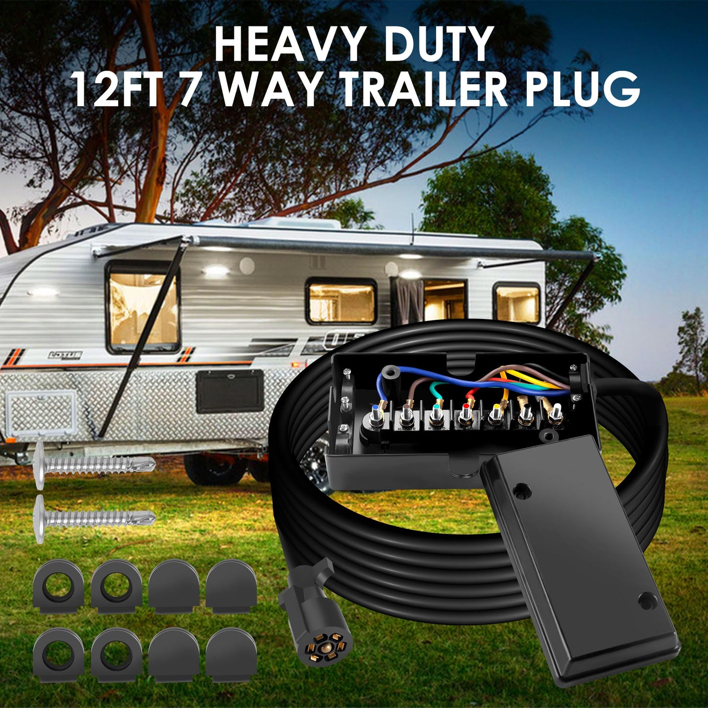 7 Way Trailer Plug 12 Feet Inline Trailer Cord Heavy Duty with 7 Gang Junction Box,7 Pin Trailer Plug with Weatherproof Junction Box for Easy Installation