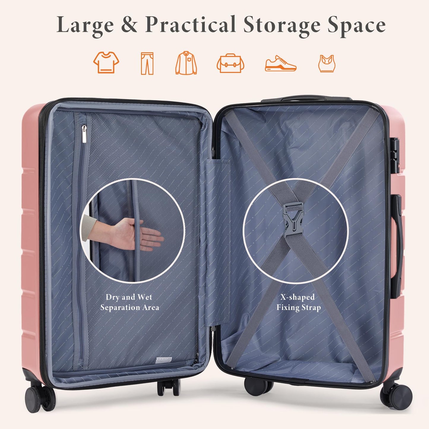 Sweetcrispy Carry on Luggage, Hard Shell ABS, Double Spinner Wheels Lightweight Suitcase TSA Lock, Light Pink, 3-PCS Set (20/24/28 Inch)