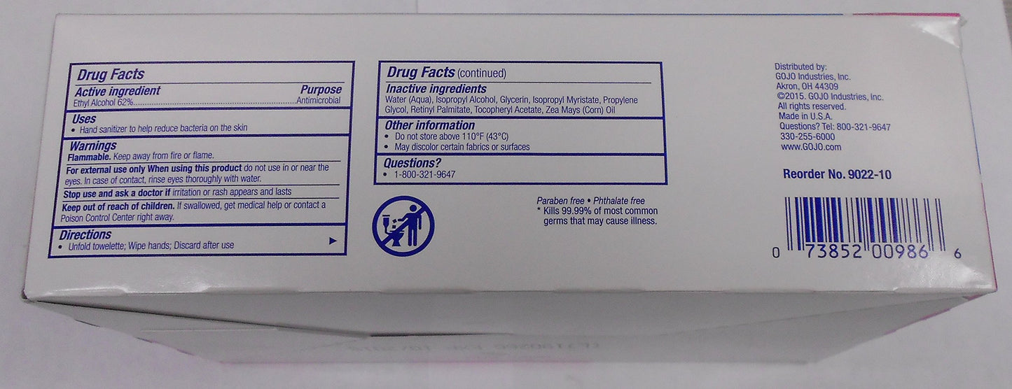 GOJO : PURELL Premoistened Sanitizing Hand Wipes, 5 x 7, 100/Box -:- Sold as 2 Packs of - 100 - / - Total of 200 Each