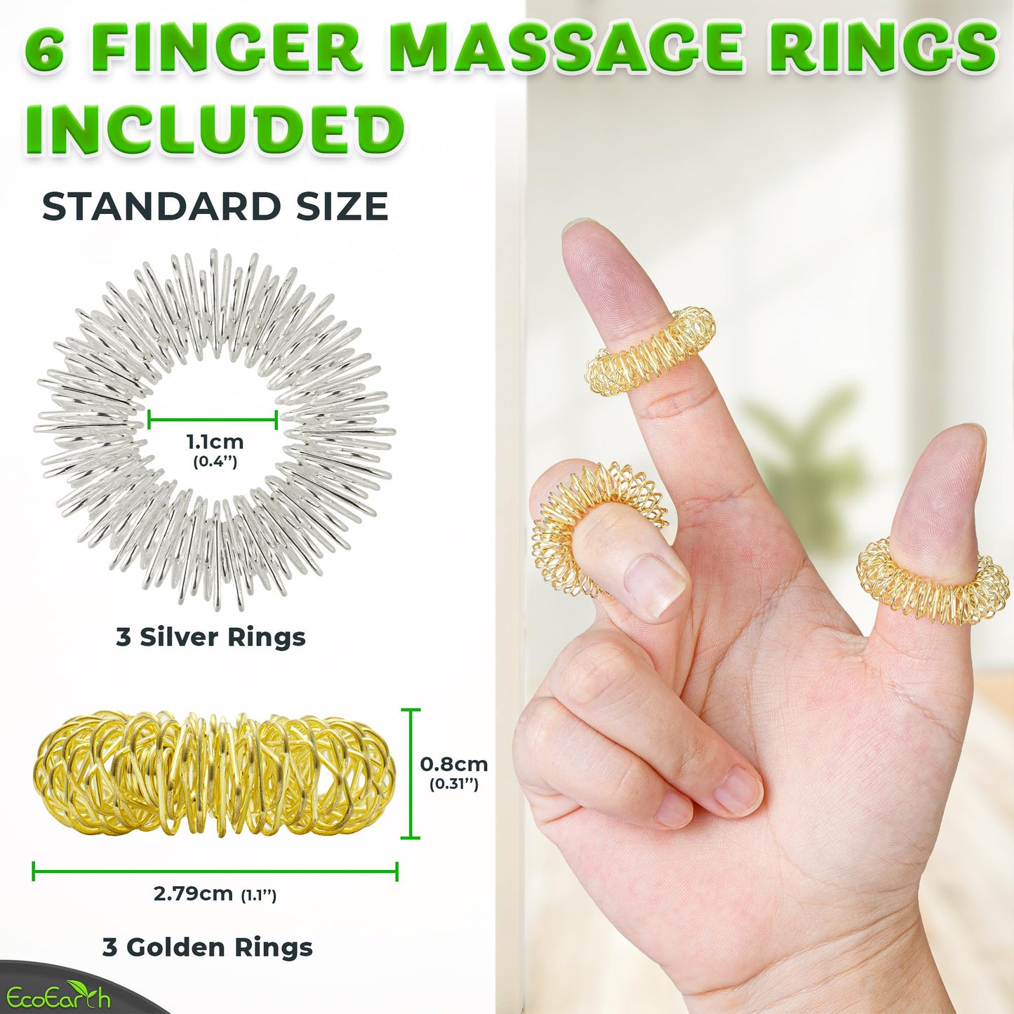 EcoEarth Finger & Hand Massager Set - 1 Dual-Sided Massage Roller, 6 Finger Massage Rings - Deep Tissue Comfort & Acupressure Therapy Tools for Arthritis, Carpal Tunnel, Stress & Pain Relief