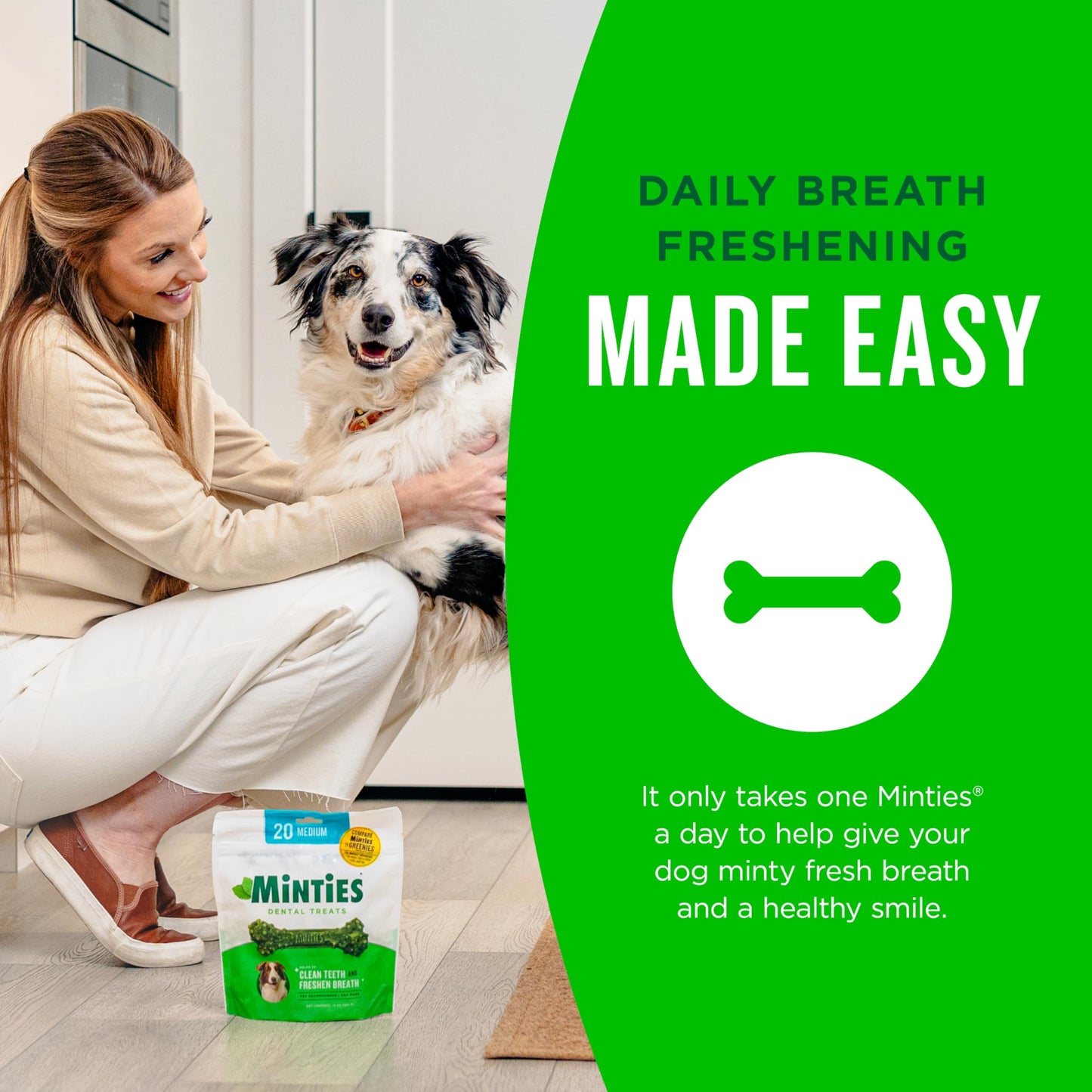Minties Dental Chews for Dogs, 60 Count, Vet-Recommended Mint-Flavored Treats for Medium Dogs 25-50 lbs, Bones Clean Teeth, Fight Bad Breath, and Removes Plaque and Tartar