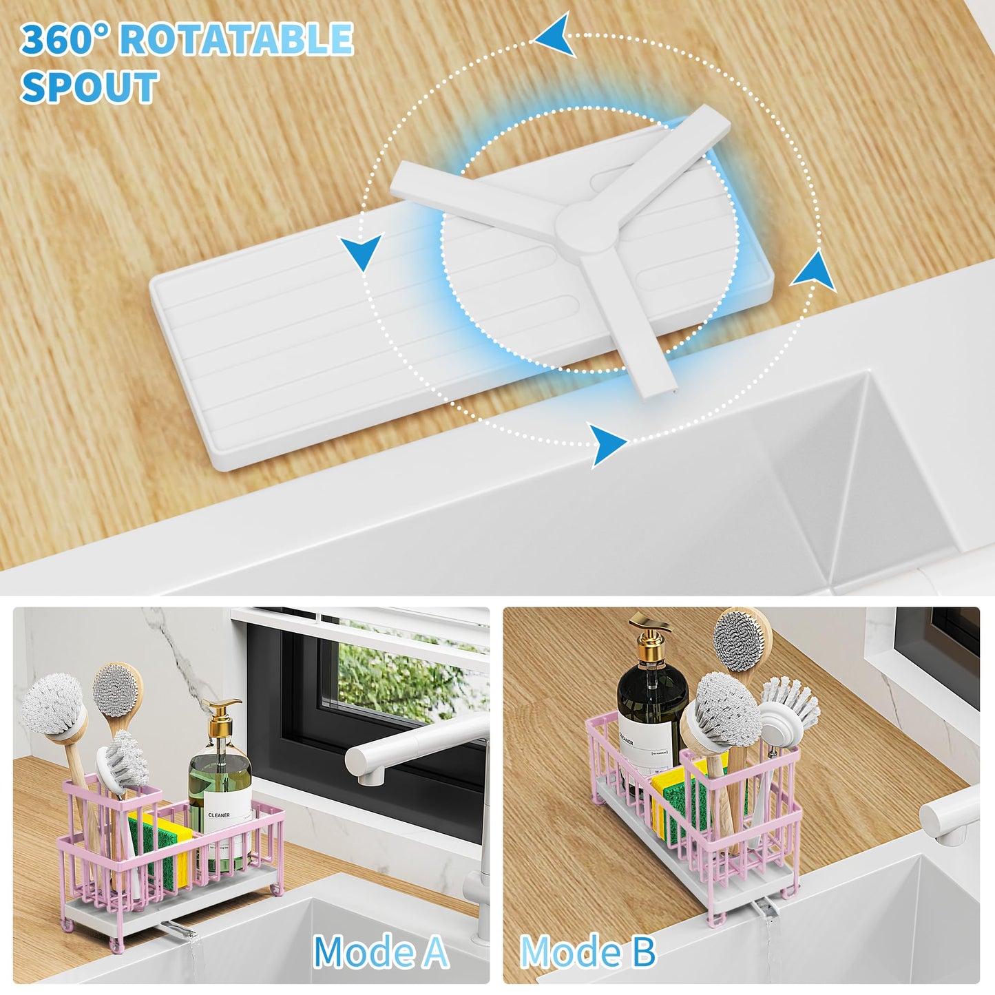 Cisily Pink Sponge Holder for Kitchen Sink, Sink Caddy Organizer with High Brush Holder, Countertop Organizers and Storage Essentials, Rustproof 304 Stainless Steel, Pink kitchen Accessories and Decor