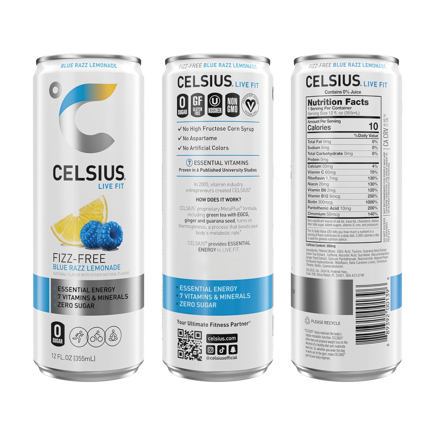 CELSIUS Fizz Free Blue Razz Lemonade, Sugar Free Energy Drink, 12 Fl Oz (Pack of 12)