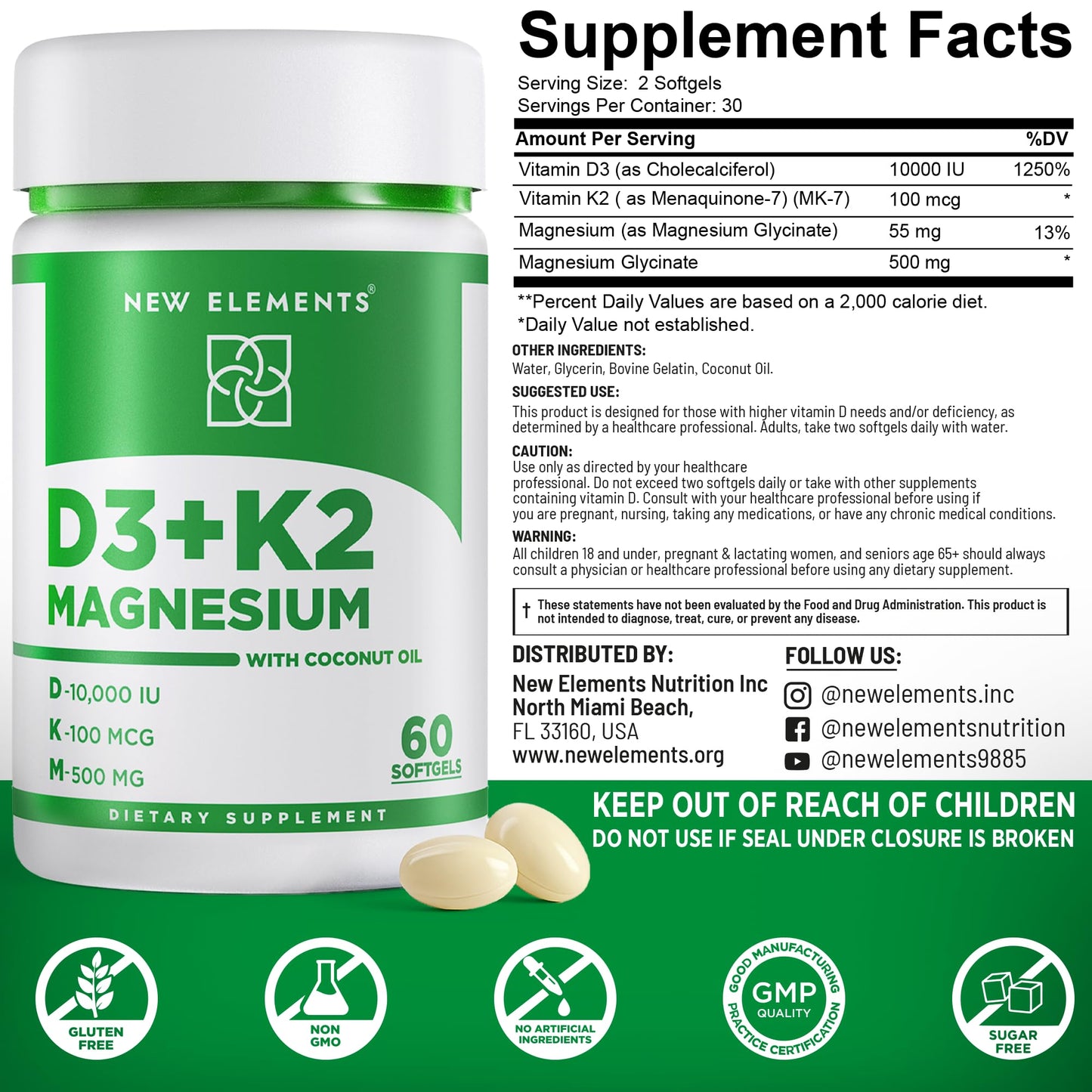 Vitamin D3 K2 10,000 IU with Magnesium Glycinate 500mg - Bone Health, Immune Support, Energy & Mood - Non-GMO, Gluten-Free, Sugar-Free Softgels for Women & Men (60 softgels)