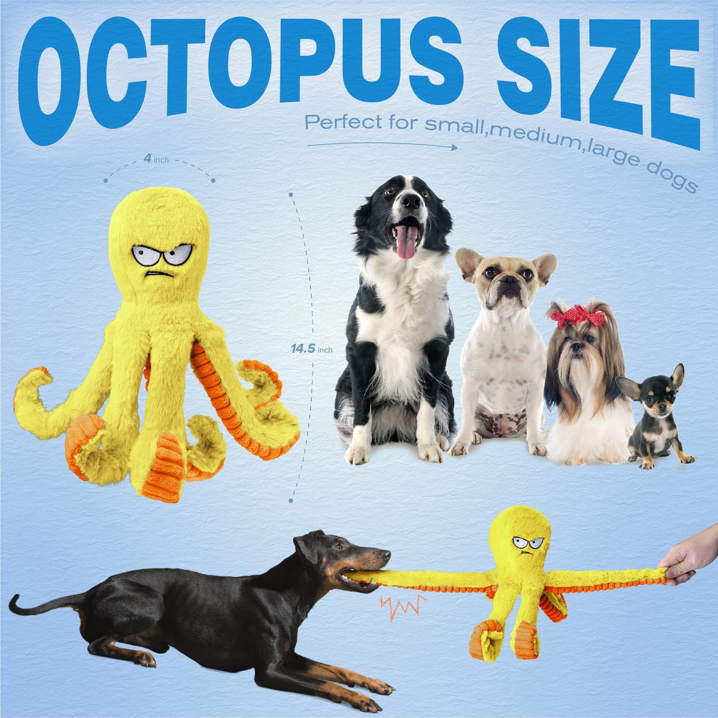 LEGEND SANDY Tough Dog Toys, Stuffed Chew Large Dog Toys to Keep Them Busy, Interactive Squeaky Tug of War Doggie Toy, Crinkle Yellow Octopus