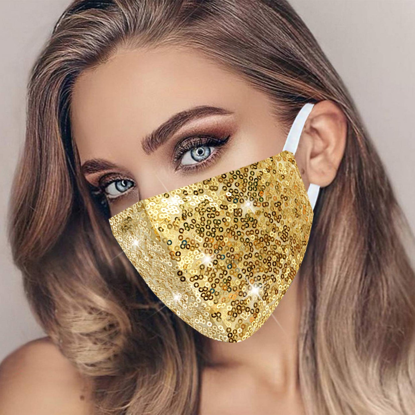 MLGDA Sparkly Sequins Mouth Masc Fashion Designer Glitter Cotton Face Cover With Adjustable Ear Loops Reusable Masquerade Party Nightclub Rave Festival Sequins Face Covering (Gold)